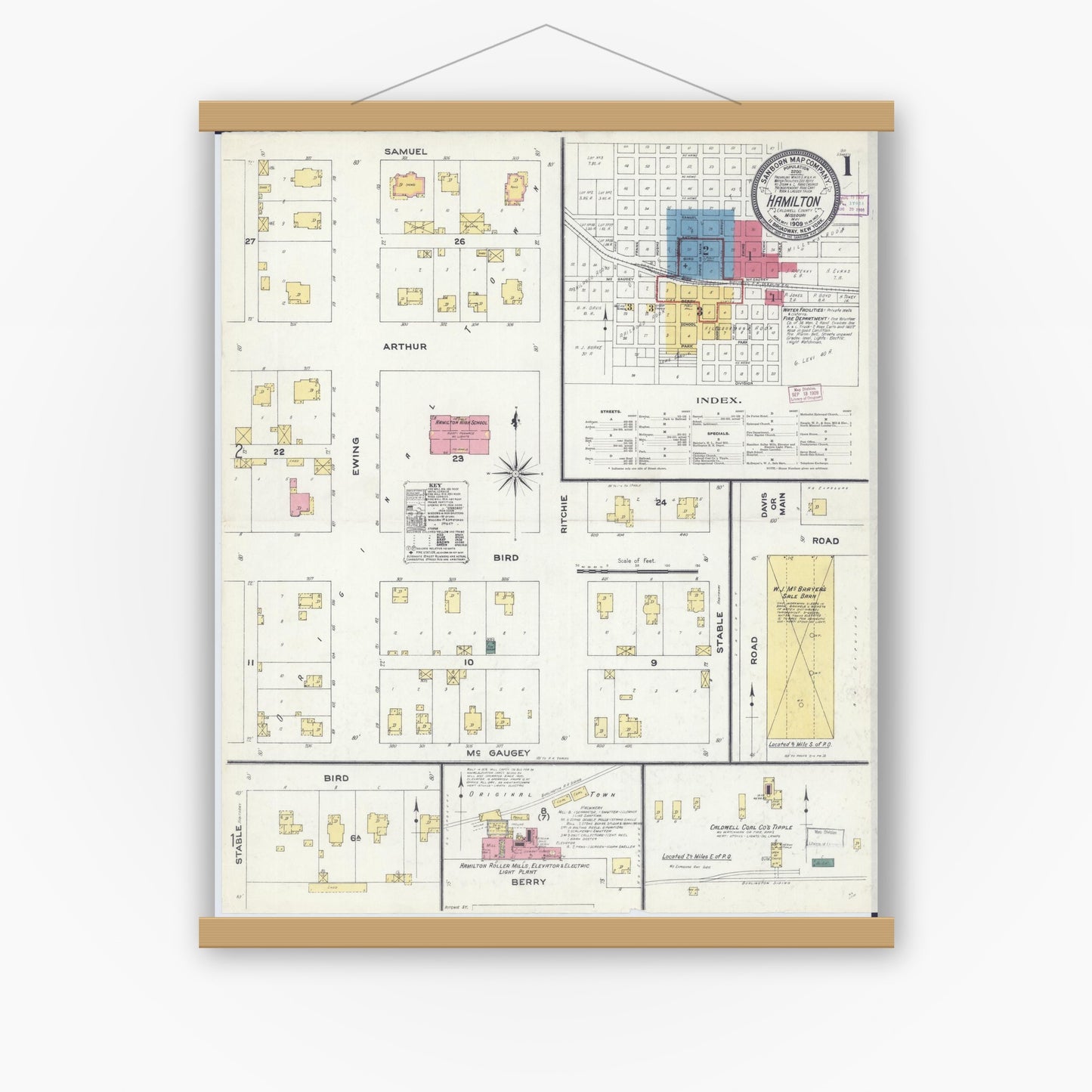 Old map wall art mockup — magnetic wood frame on white wall — Sanborn Fire Insurance Map from Hamilton, Caldwell County, Missouri (1909) - Complete Map Set