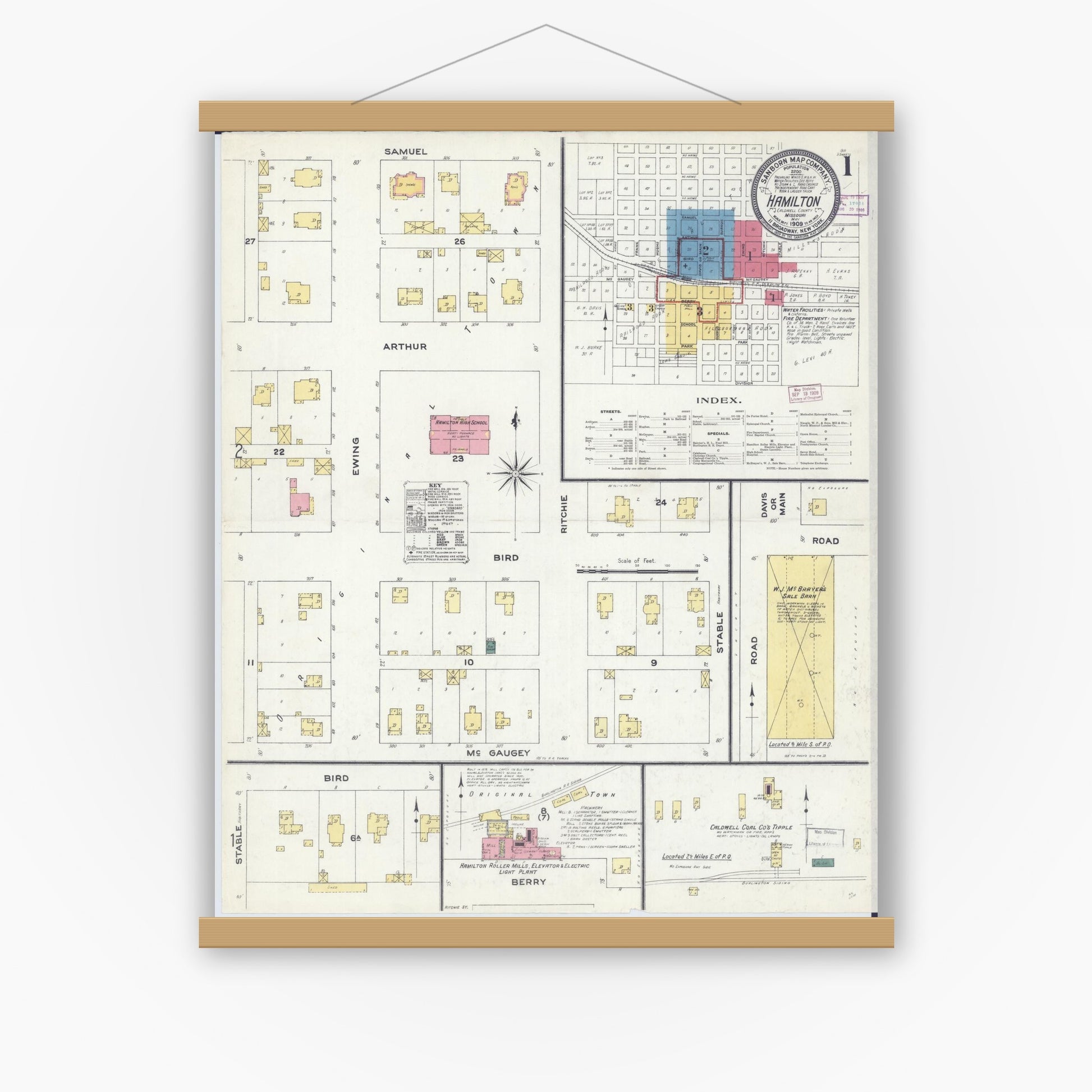 Old map wall art mockup — magnetic wood frame on white wall — Sanborn Fire Insurance Map from Hamilton, Caldwell County, Missouri (1909) - Complete Map Set