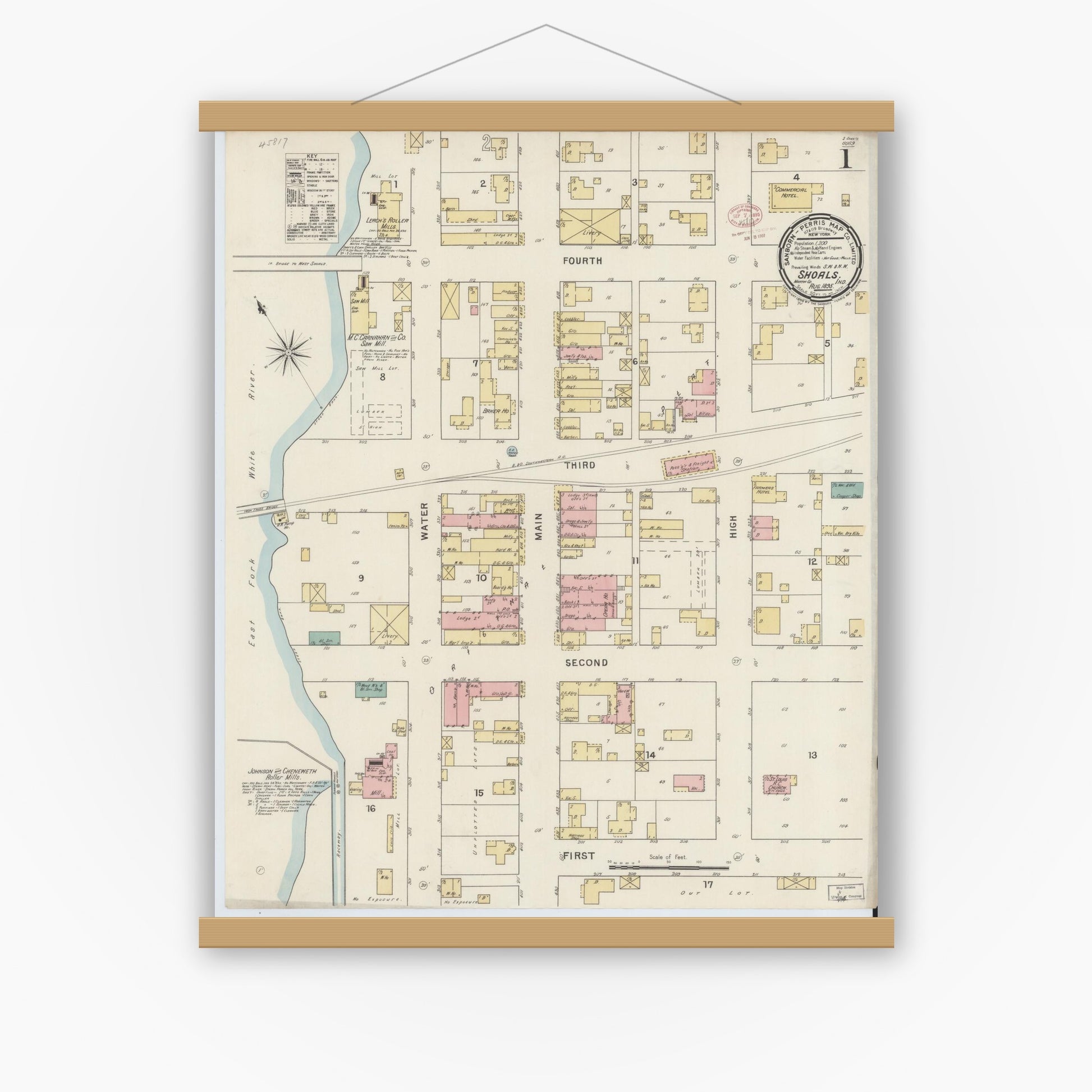 Old map wall art mockup — magnetic wood frame on white wall — Sanborn Fire Insurance Map from Shoals, Martin County, Indiana (1895) - Complete Map Set