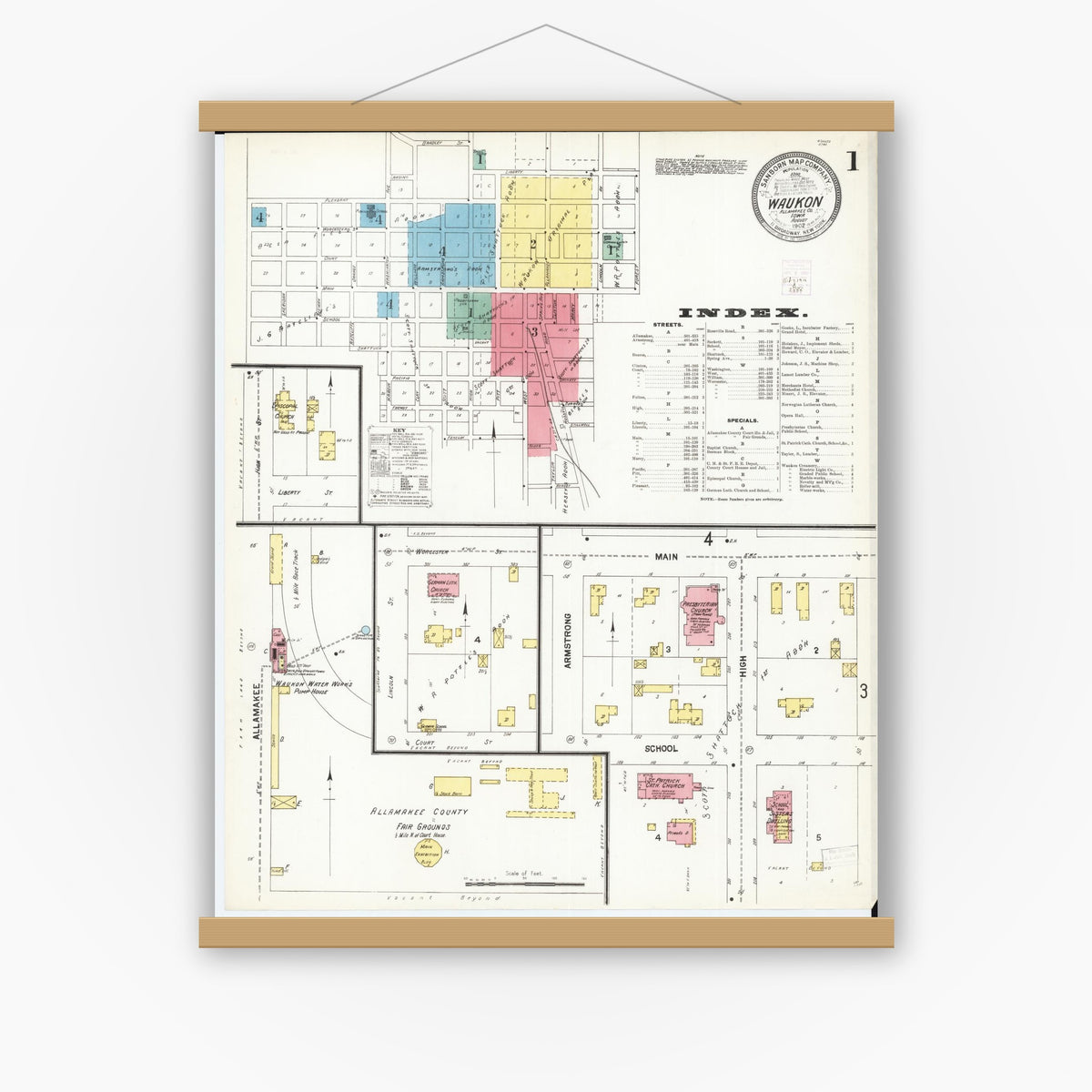 Old map wall art mockup — magnetic wood frame on white wall — Sanborn Fire Insurance Map from Waukon, Allamakee County, Iowa (1902) â€” Complete Set