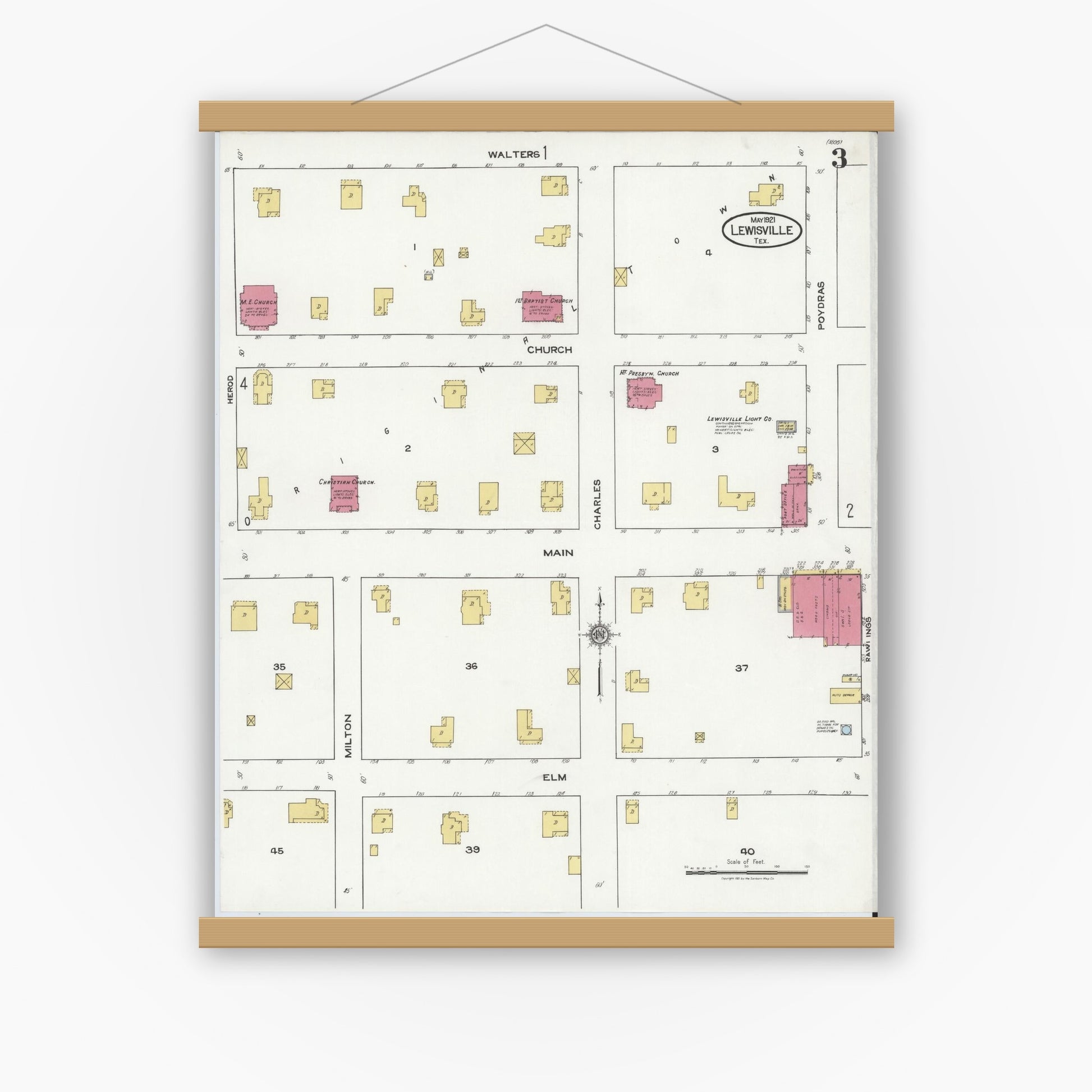 Old map wall art mockup — magnetic wood frame on white wall — Sanborn Fire Insurance Map from Lewisville, Denton County, Texas (1921), Sheet #0003