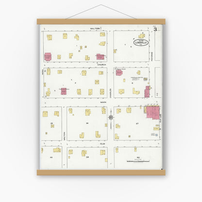 Old map wall art mockup — magnetic wood frame on white wall — Sanborn Fire Insurance Map from Lewisville, Denton County, Texas (1921), Sheet #0003