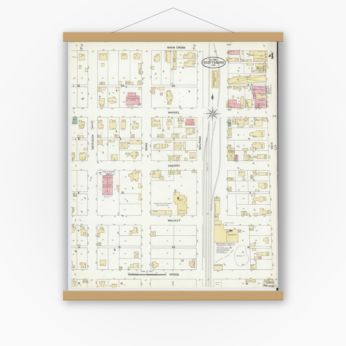 Old map wall art mockup — magnetic wood frame on white wall — Sanborn Fire Insurance Map from Scottsburg, Scott County, Indiana (1906), Sheet #0004
