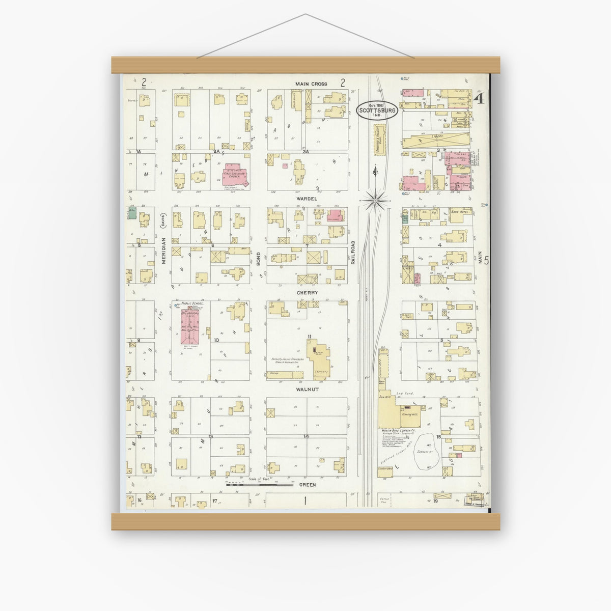 Old map wall art mockup — magnetic wood frame on white wall — Sanborn Fire Insurance Map from Scottsburg, Scott County, Indiana (1906), Sheet #0004