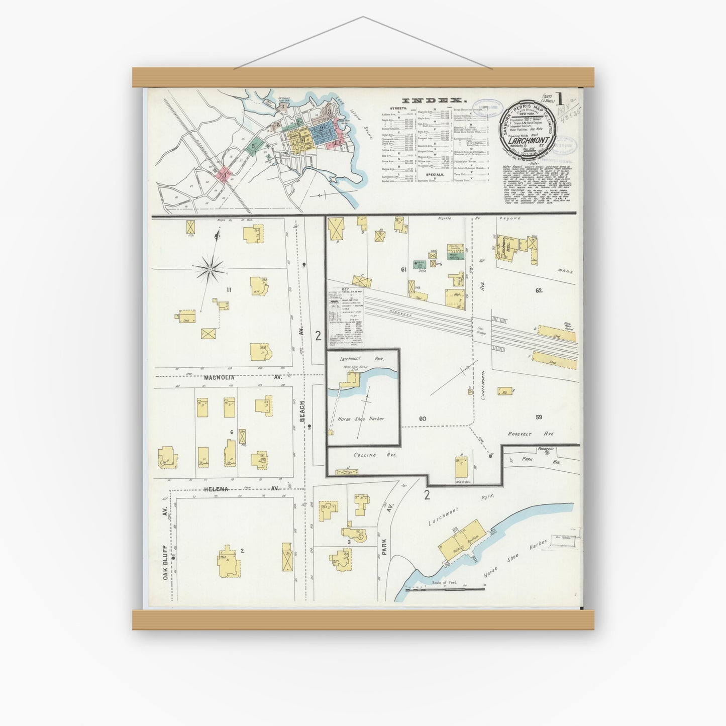 Old map wall art mockup — magnetic wood frame on white wall — Sanborn Fire Insurance Map from Larchmont, Westchester County, New York (1898), Sheet #0001