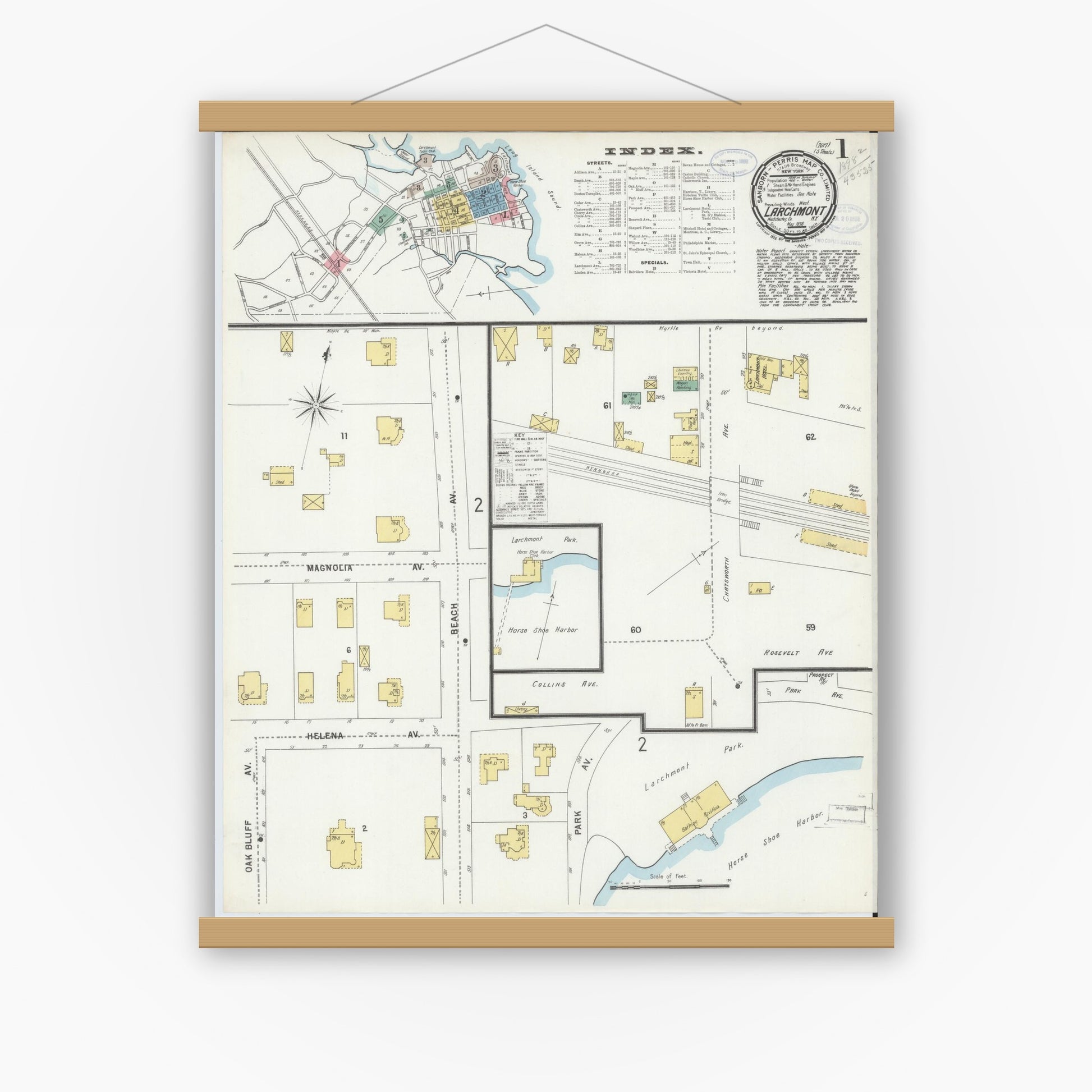 Old map wall art mockup — magnetic wood frame on white wall — Sanborn Fire Insurance Map from Larchmont, Westchester County, New York (1898), Sheet #0001