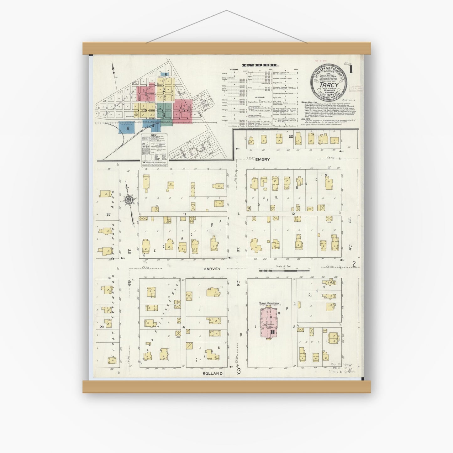 Old map wall art mockup — magnetic wood frame on white wall — Sanborn Fire Insurance Map from Tracy, Lyon County, Minnesota (1909) - Complete Map Set