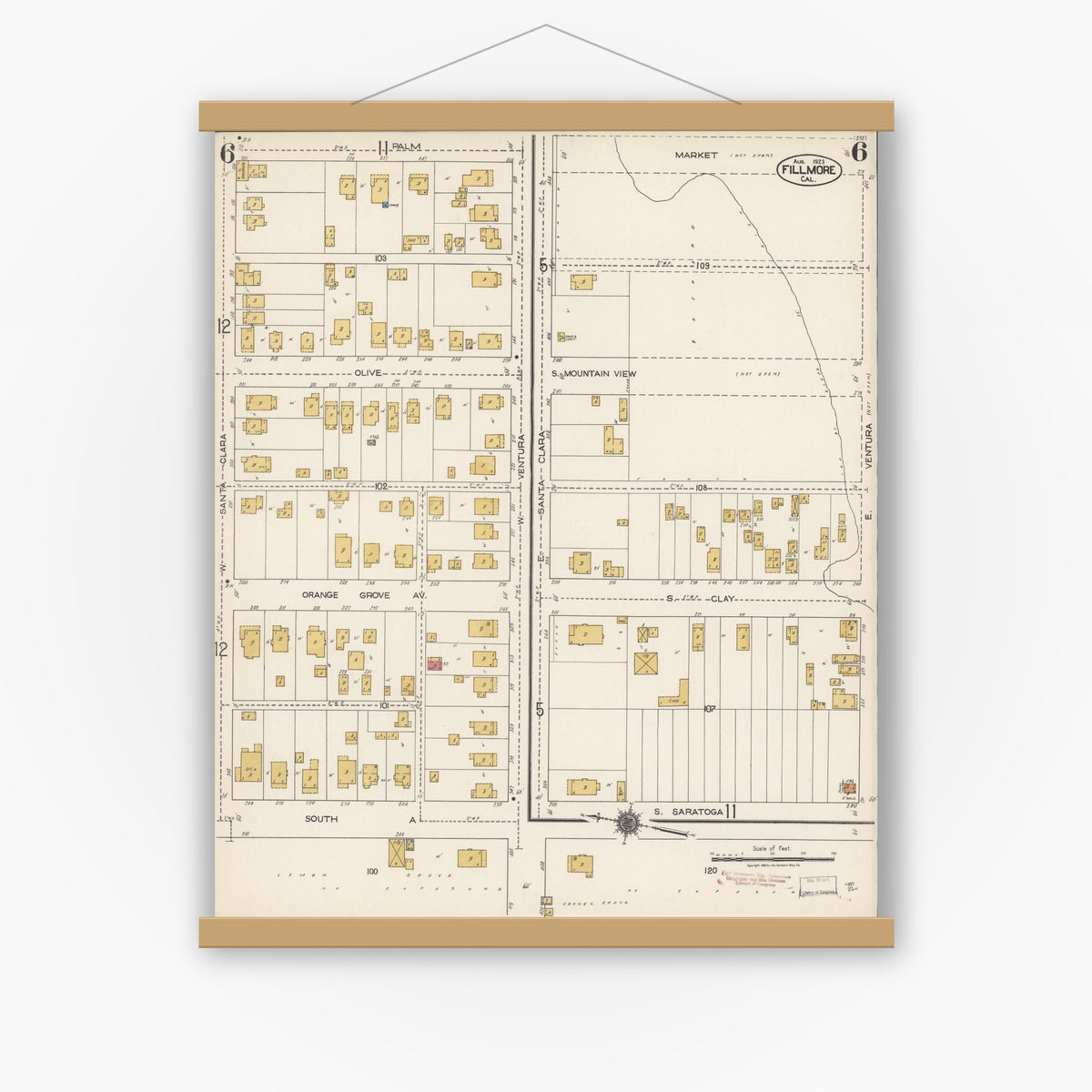 Old map wall art mockup — magnetic wood frame on white wall — Sanborn Fire Insurance Map from Fillmore, Ventura County, California (1923), Sheet #0006