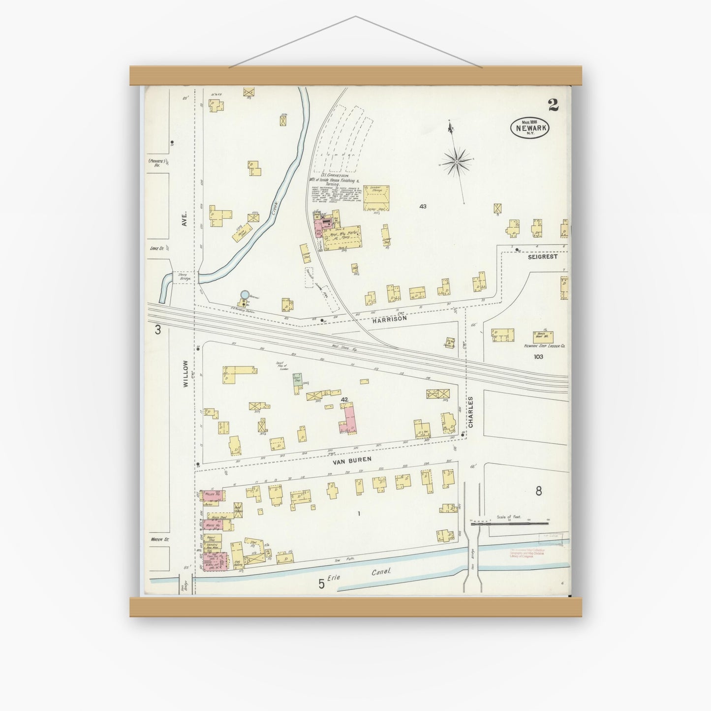 Old map wall art mockup — magnetic wood frame on white wall — Sanborn Fire Insurance Map from Newark, Wayne County, New York (1898), Sheet #0002