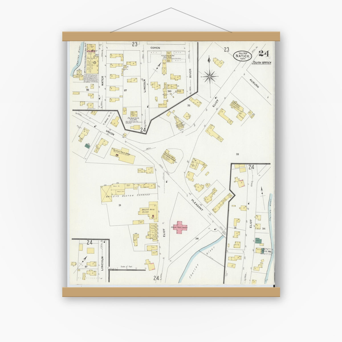 Old map wall art mockup — magnetic wood frame on white wall — Sanborn Fire Insurance Map from Natick, Middlesex County, Massachusetts (1909), Sheet #0024