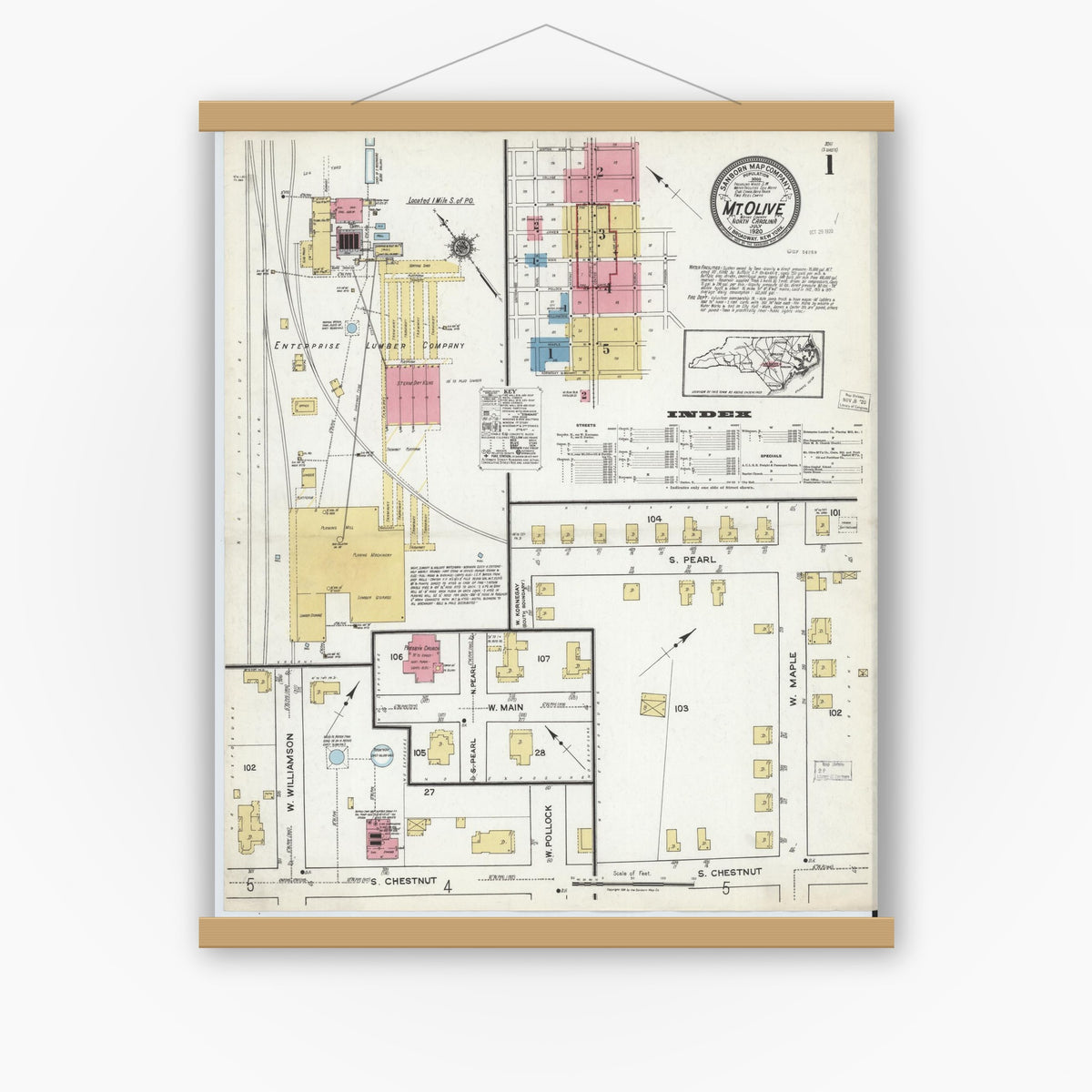 Old map wall art mockup — magnetic wood frame on white wall — Sanborn Fire Insurance Map from Mount Olive, Wayne County, North Carolina (1920) - Complete Map Set
