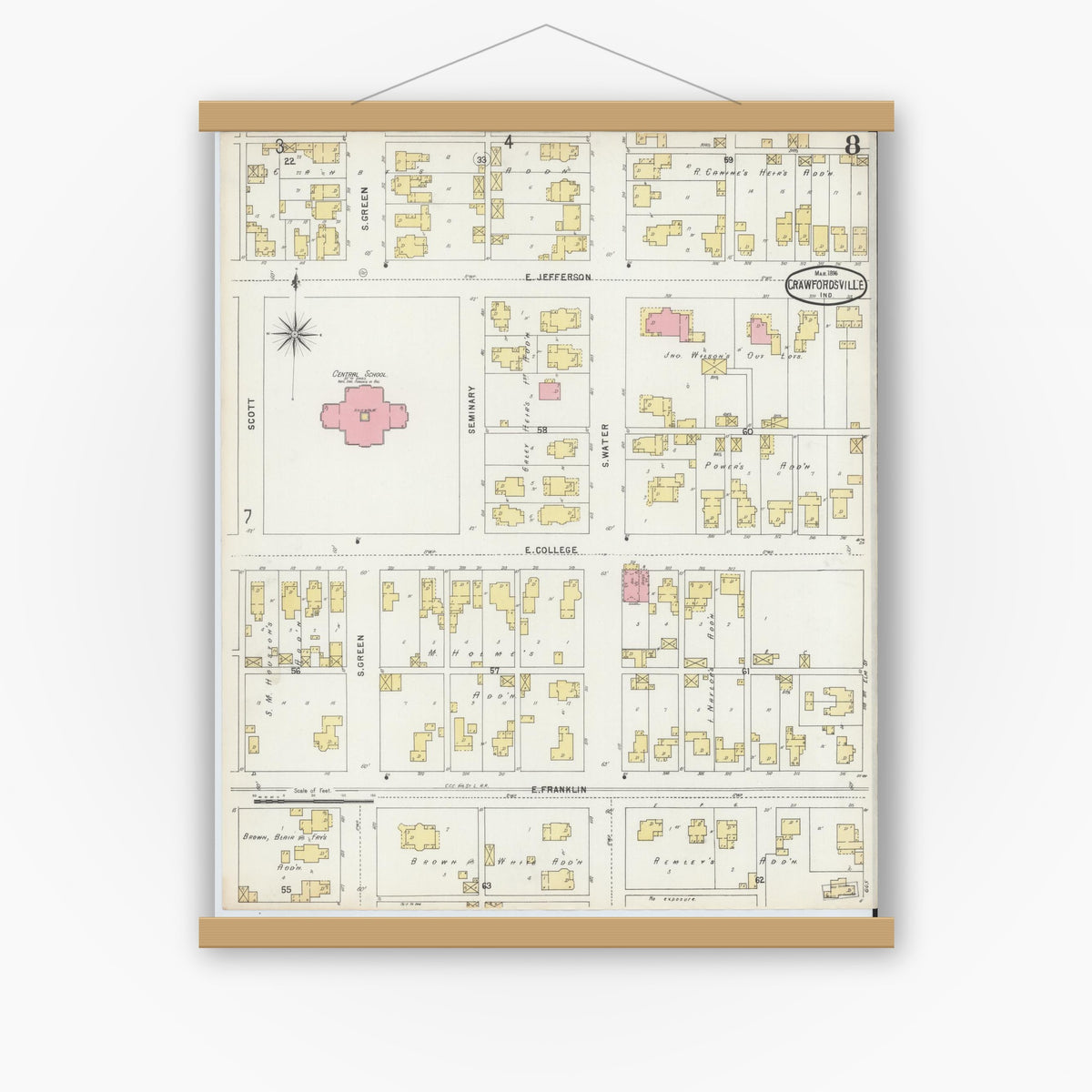 Old map wall art mockup — magnetic wood frame on white wall — Sanborn Fire Insurance Map from Crawfordsville, Montgomery County, Indiana (1896), Sheet #0008