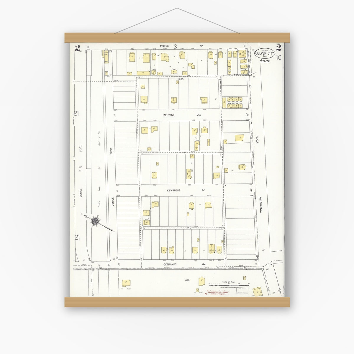 Old map wall art mockup — magnetic wood frame on white wall — Sanborn Fire Insurance Map from Culver City, Los Angeles County, California (1924), Sheet #0002