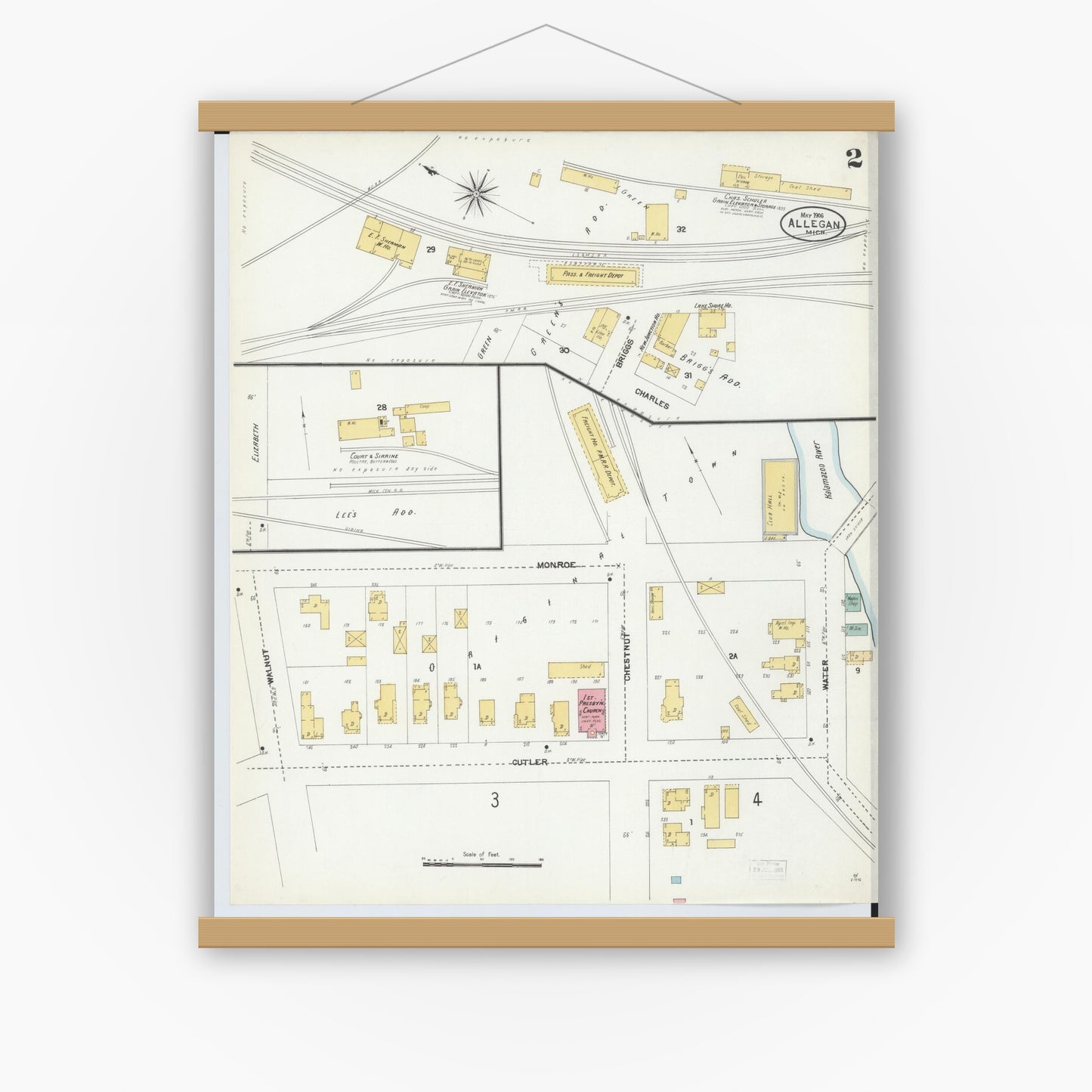 Old map wall art mockup — magnetic wood frame on white wall — Sanborn Fire Insurance Map from Allegan, Allegan County, Michigan (1906), Sheet #0002