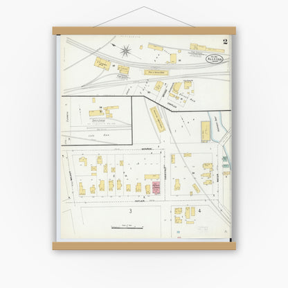 Old map wall art mockup — magnetic wood frame on white wall — Sanborn Fire Insurance Map from Allegan, Allegan County, Michigan (1906), Sheet #0002