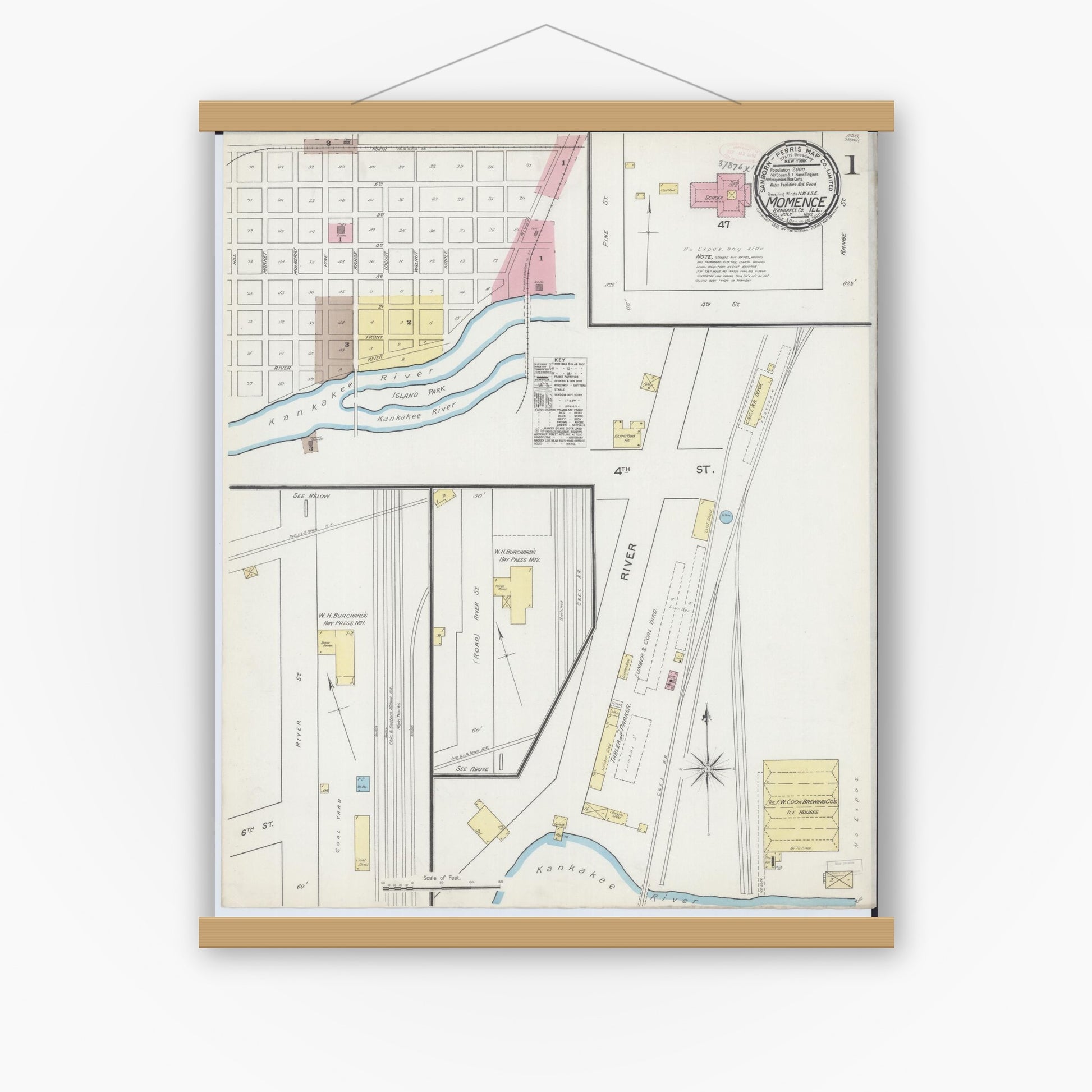Old map wall art mockup — magnetic wood frame on white wall — Sanborn Fire Insurance Map from Momence, Kankakee County, Illinois (1892), Sheet #0001