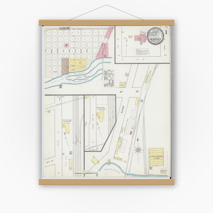 Old map wall art mockup — magnetic wood frame on white wall — Sanborn Fire Insurance Map from Momence, Kankakee County, Illinois (1892), Sheet #0001