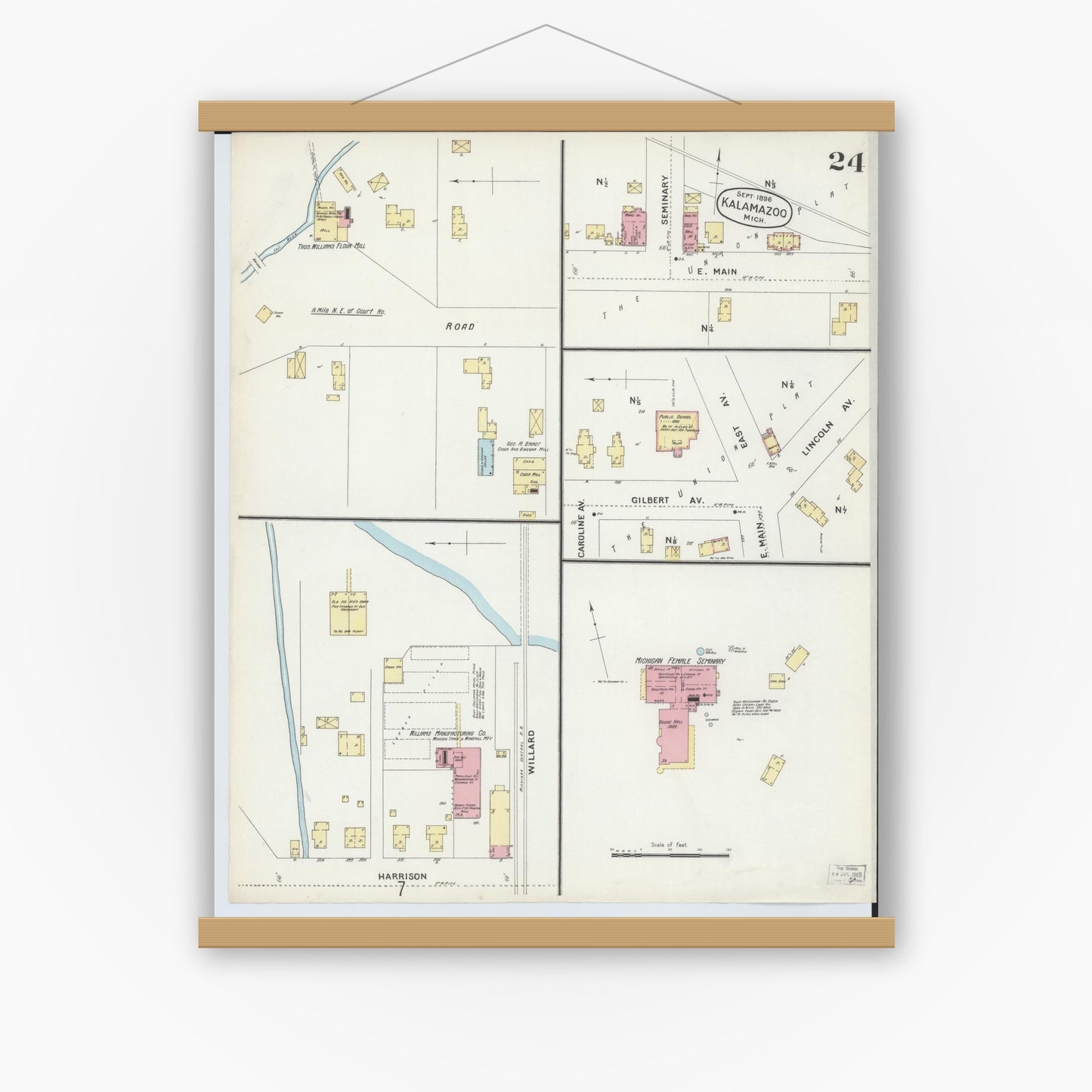 Old map wall art mockup — magnetic wood frame on white wall — Sanborn Fire Insurance Map from Kalamazoo, Kalamazoo County, Michigan (1896), Sheet #0024