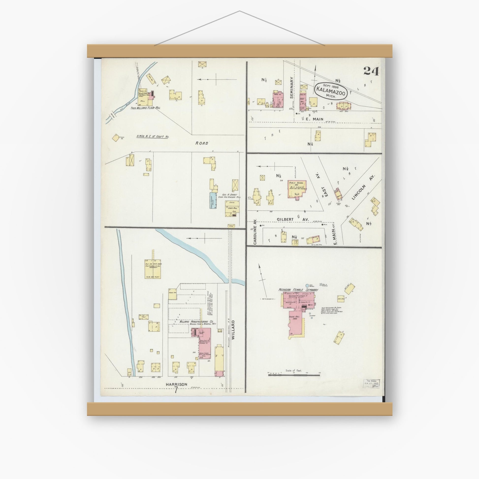 Old map wall art mockup — magnetic wood frame on white wall — Sanborn Fire Insurance Map from Kalamazoo, Kalamazoo County, Michigan (1896), Sheet #0024