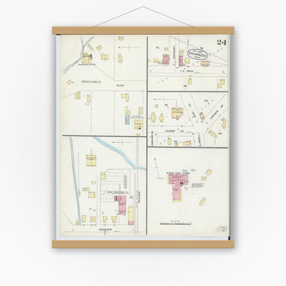 Old map wall art mockup — magnetic wood frame on white wall — Sanborn Fire Insurance Map from Kalamazoo, Kalamazoo County, Michigan (1896), Sheet #0024