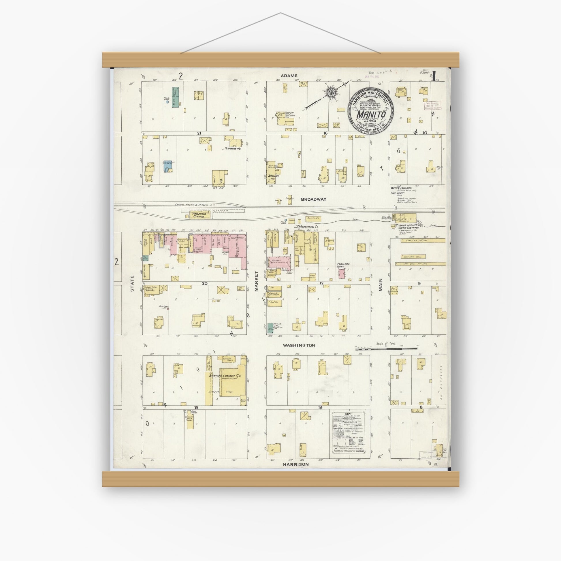 Old map wall art mockup — magnetic wood frame on white wall — Sanborn Fire Insurance Map from Manito, Mason County, Illinois (1909) - Complete Map Set