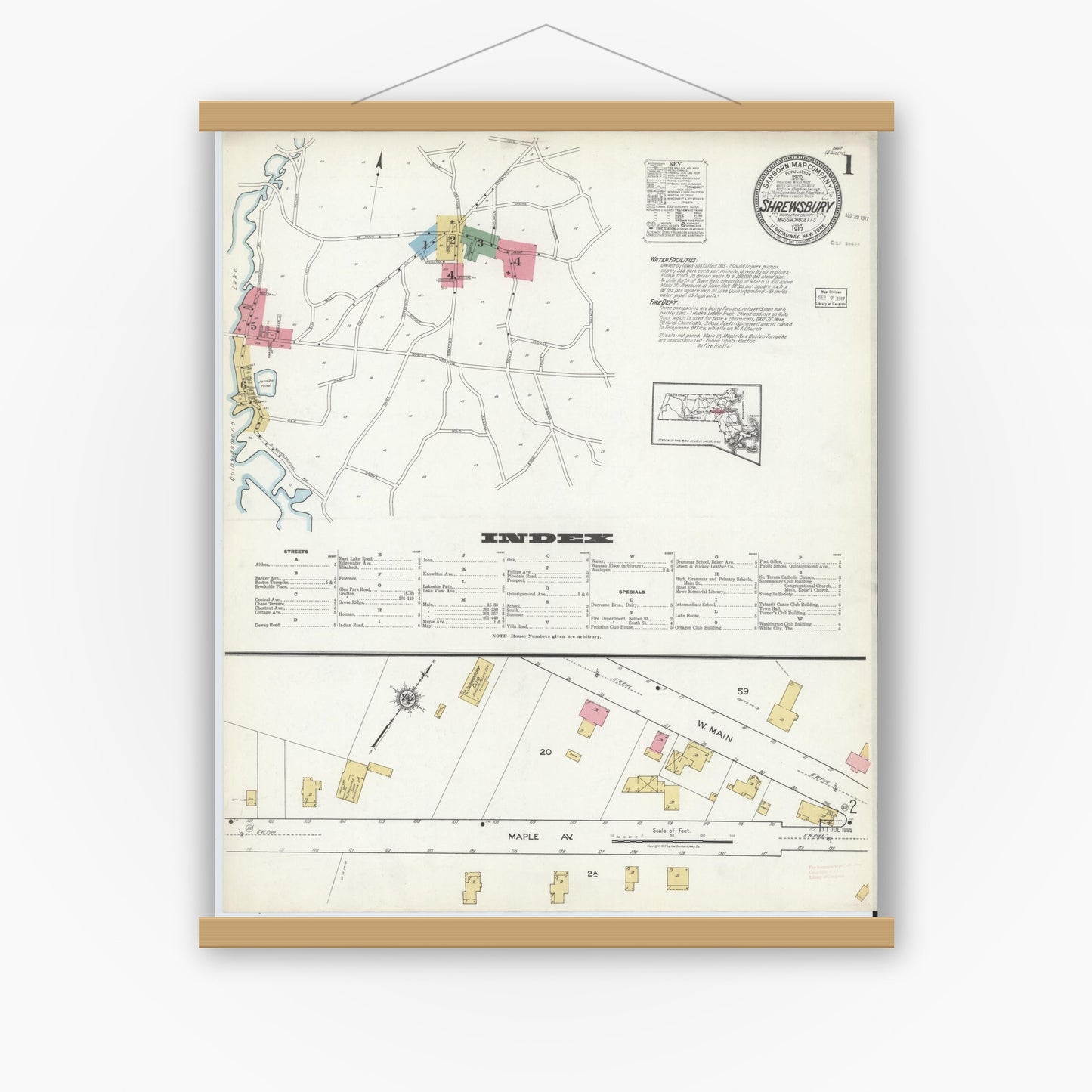 Old map wall art mockup — magnetic wood frame on white wall — Sanborn Fire Insurance Map from Shrewsbury, Worcester County, Massachusetts (1917), Sheet #0001