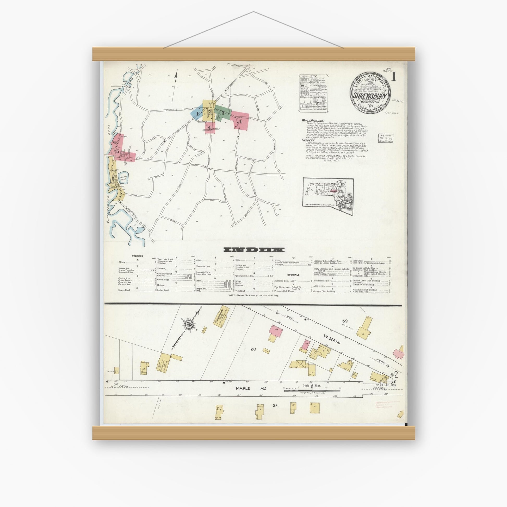 Old map wall art mockup — magnetic wood frame on white wall — Sanborn Fire Insurance Map from Shrewsbury, Worcester County, Massachusetts (1917), Sheet #0001