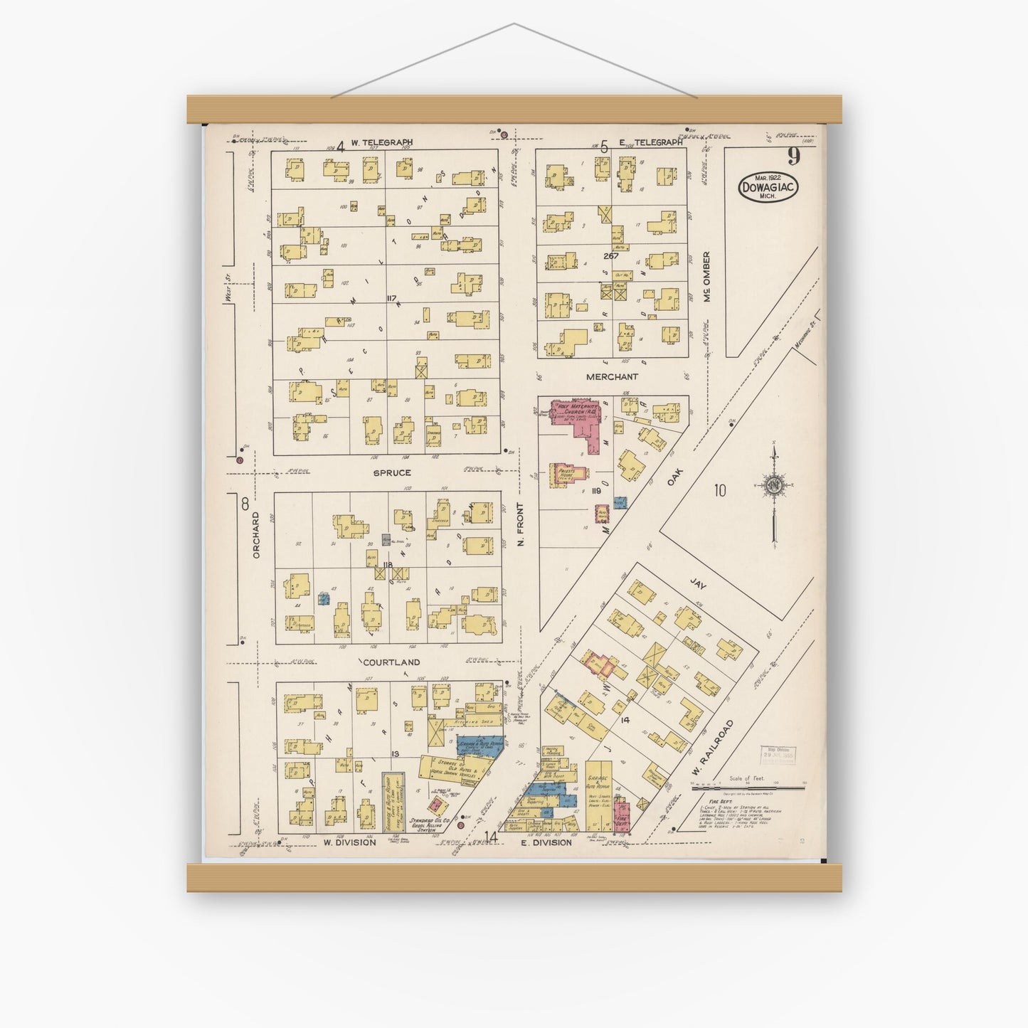 Old map wall art mockup — magnetic wood frame on white wall — Sanborn Fire Insurance Map from Dowagiac, Cass County, Michigan (1922), Sheet #0009
