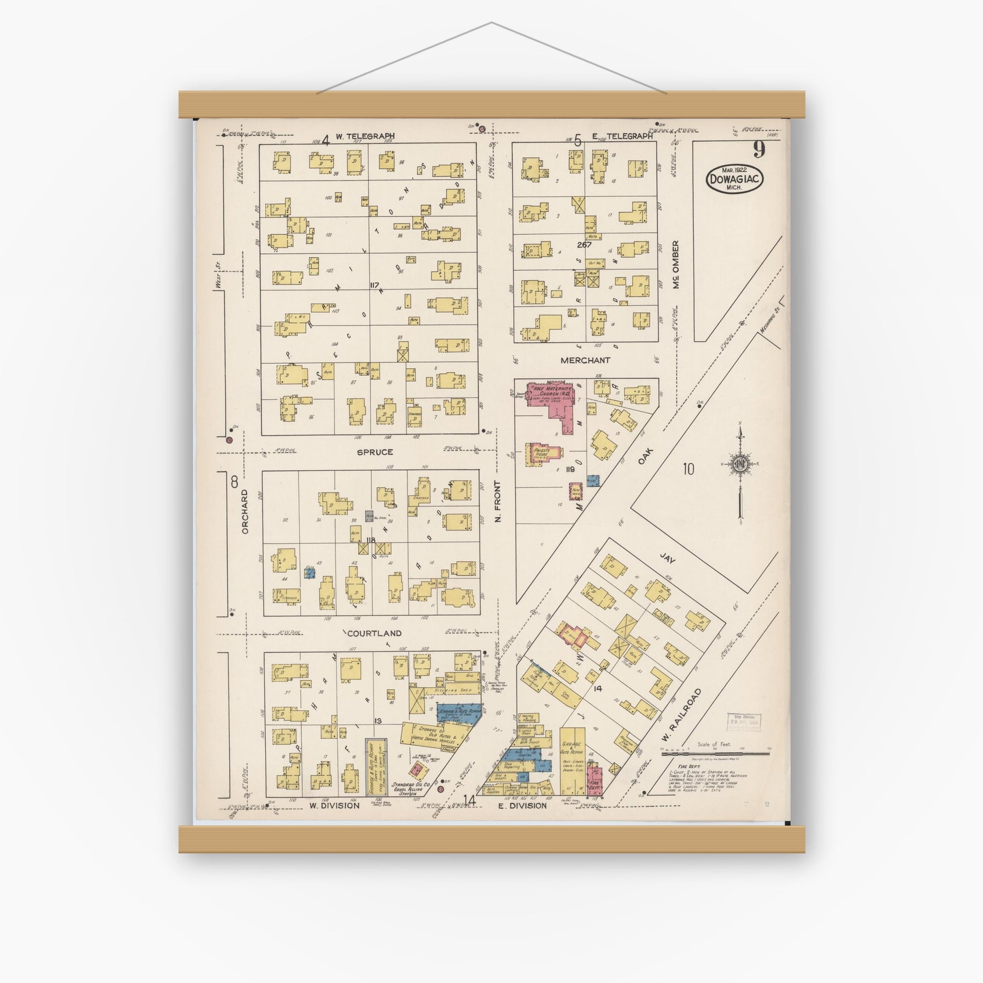 Old map wall art mockup — magnetic wood frame on white wall — Sanborn Fire Insurance Map from Dowagiac, Cass County, Michigan (1922), Sheet #0009