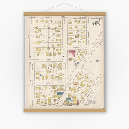 Old map wall art mockup — magnetic wood frame on white wall — Sanborn Fire Insurance Map from Dowagiac, Cass County, Michigan (1922), Sheet #0009