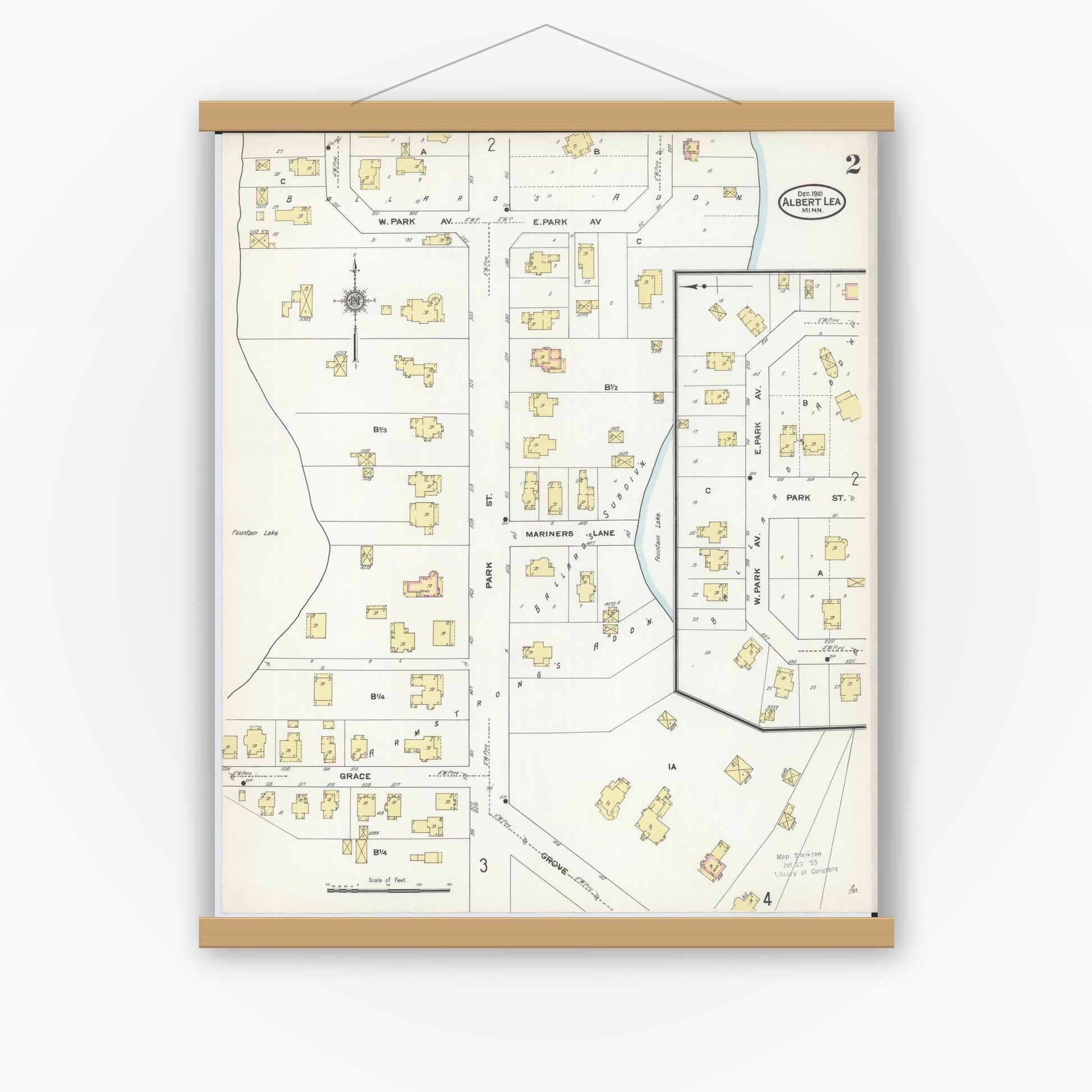 Old map wall art mockup — magnetic wood frame on white wall — Sanborn Fire Insurance Map from Albert Lea, Freeborn County, Minnesota (1910), Sheet #0002