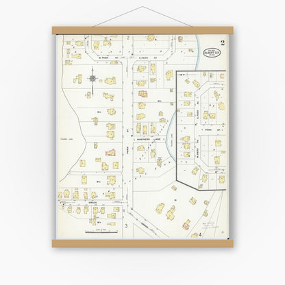 Old map wall art mockup — magnetic wood frame on white wall — Sanborn Fire Insurance Map from Albert Lea, Freeborn County, Minnesota (1910), Sheet #0002