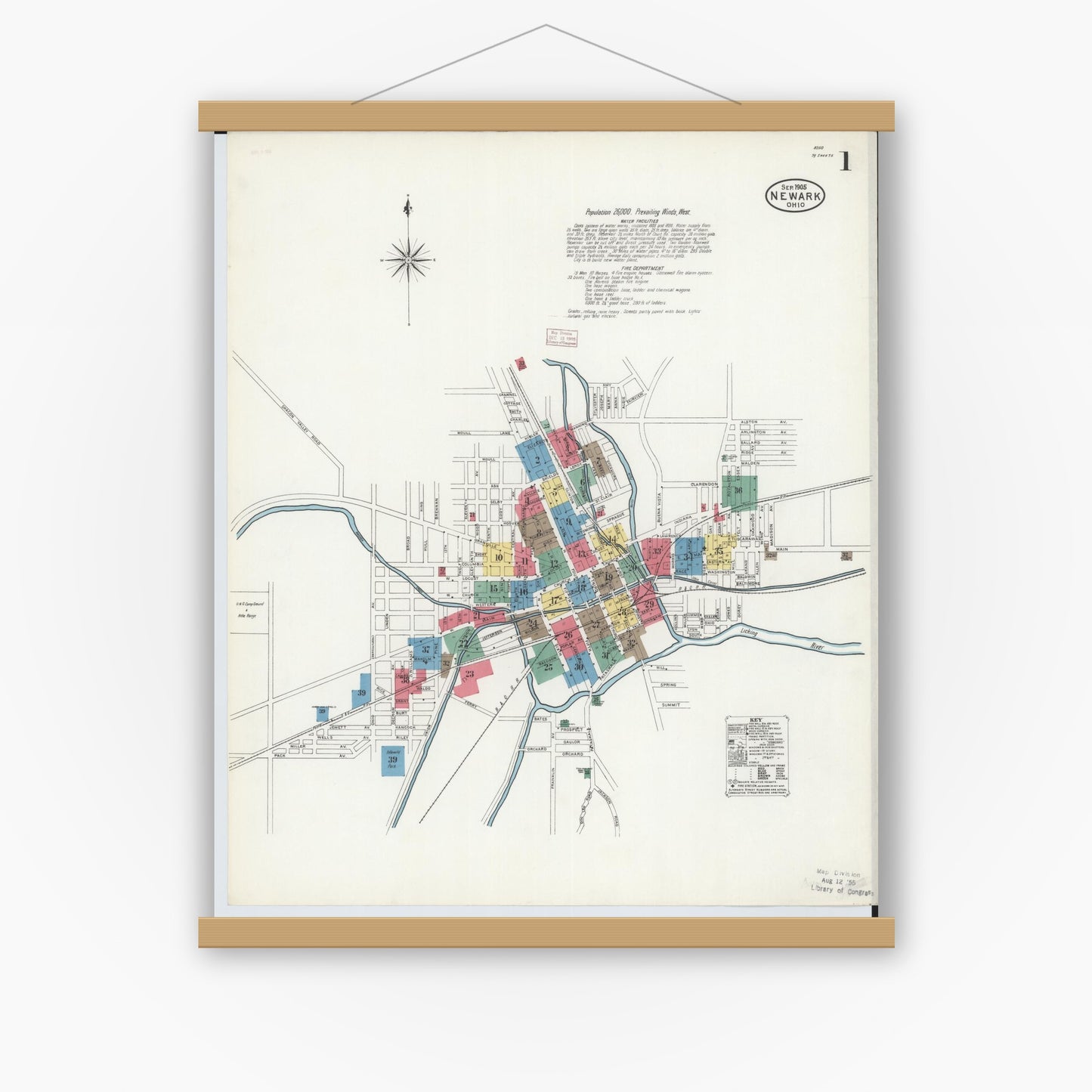Old map wall art mockup — magnetic wood frame on white wall — Sanborn Fire Insurance Map from Newark, Licking County, Ohio (1905) - Complete Map Set