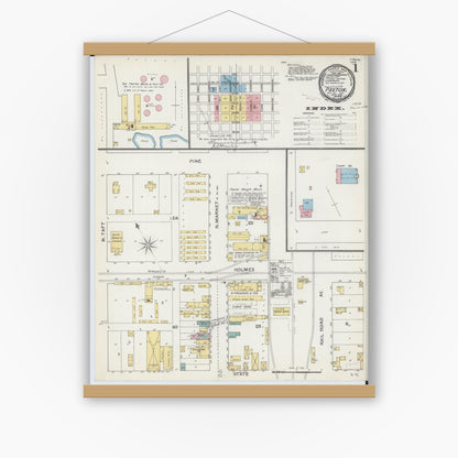 Old map wall art mockup — magnetic wood frame on white wall — Sanborn Fire Insurance Map from Paxton, Ford County, Illinois (1892) - Complete Map Set