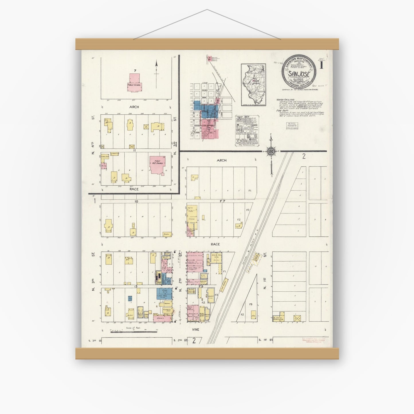 Old map wall art mockup — magnetic wood frame on white wall — Sanborn Fire Insurance Map from San Jose, Mason And Logan Counties, Illinois (1921) - Complete Map Set