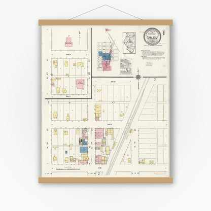 Old map wall art mockup — magnetic wood frame on white wall — Sanborn Fire Insurance Map from San Jose, Mason And Logan Counties, Illinois (1921) - Complete Map Set