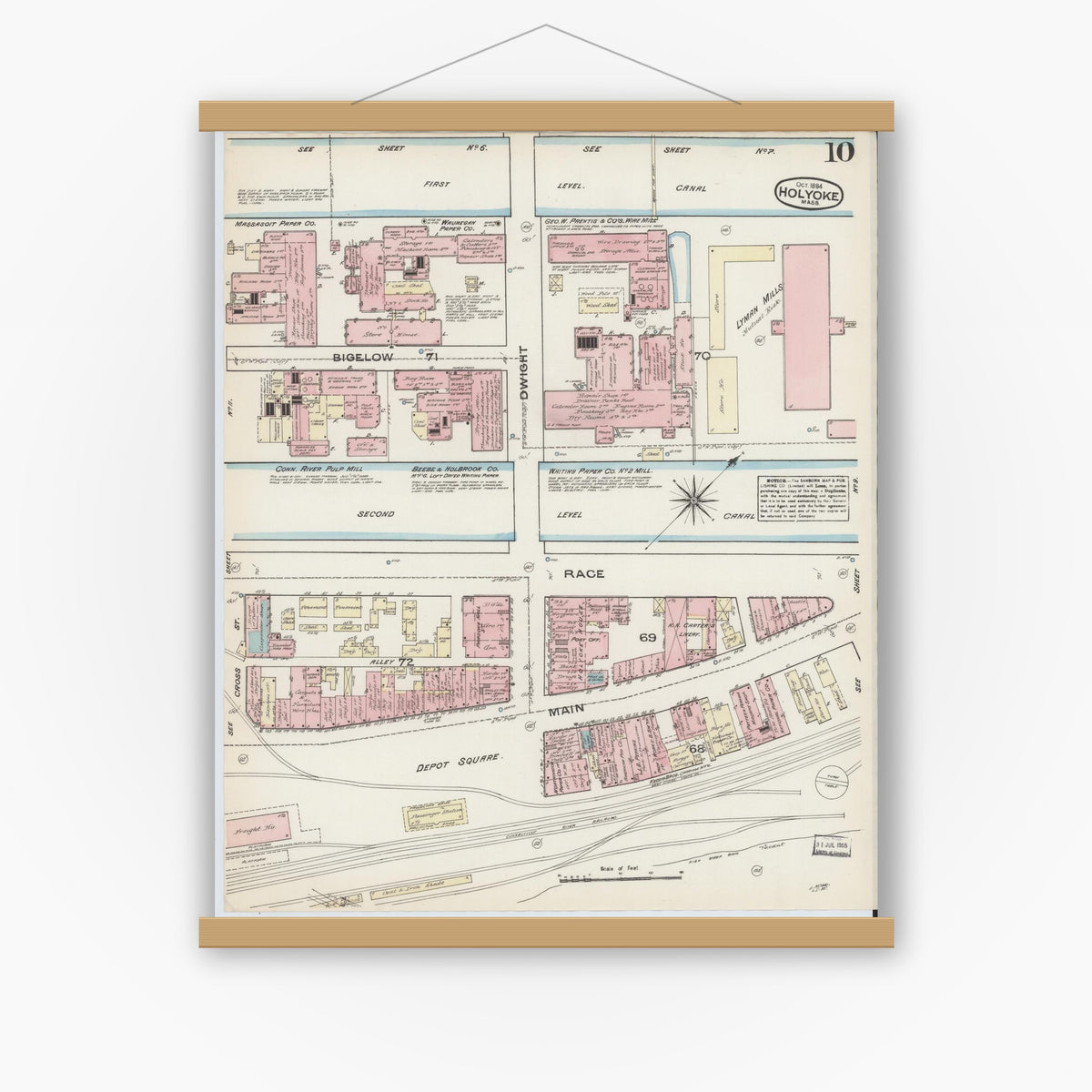 Old map wall art mockup — magnetic wood frame on white wall — Sanborn Fire Insurance Map from Holyoke, Hampden County, Massachusetts (1884), Sheet #0010