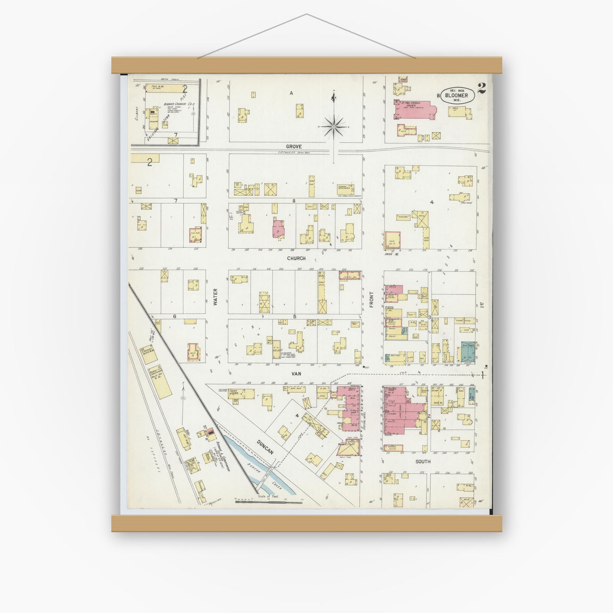 Old map wall art mockup — magnetic wood frame on white wall — Sanborn Fire Insurance Map from Bloomer, Chippewa County, Wisconsin (1902) - Complete Map Set