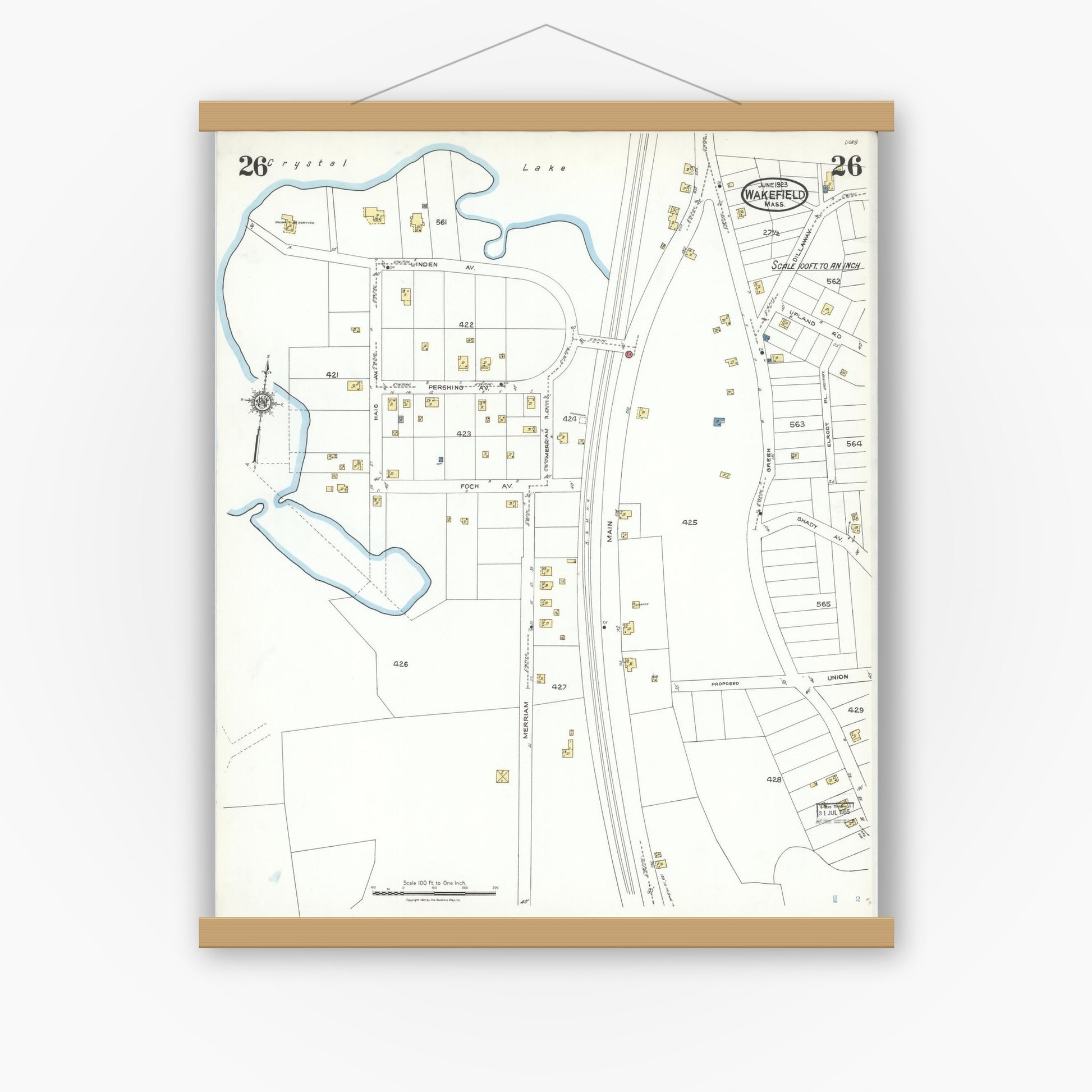 Old map wall art mockup — magnetic wood frame on white wall — Sanborn Fire Insurance Map from Wakefield, Middlesex County, Massachusetts (1923), Sheet #0026