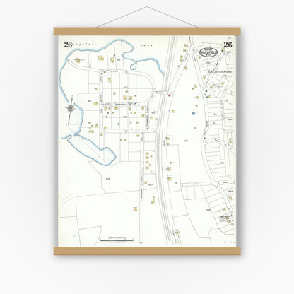 Old map wall art mockup — magnetic wood frame on white wall — Sanborn Fire Insurance Map from Wakefield, Middlesex County, Massachusetts (1923), Sheet #0026
