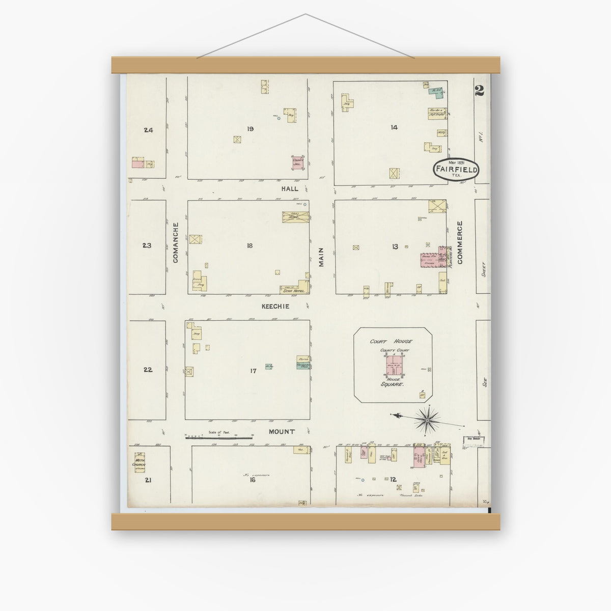Old map wall art mockup — magnetic wood frame on white wall — Sanborn Fire Insurance Map from Fairfield, Freestone County, Texas (1891), Sheet #0002