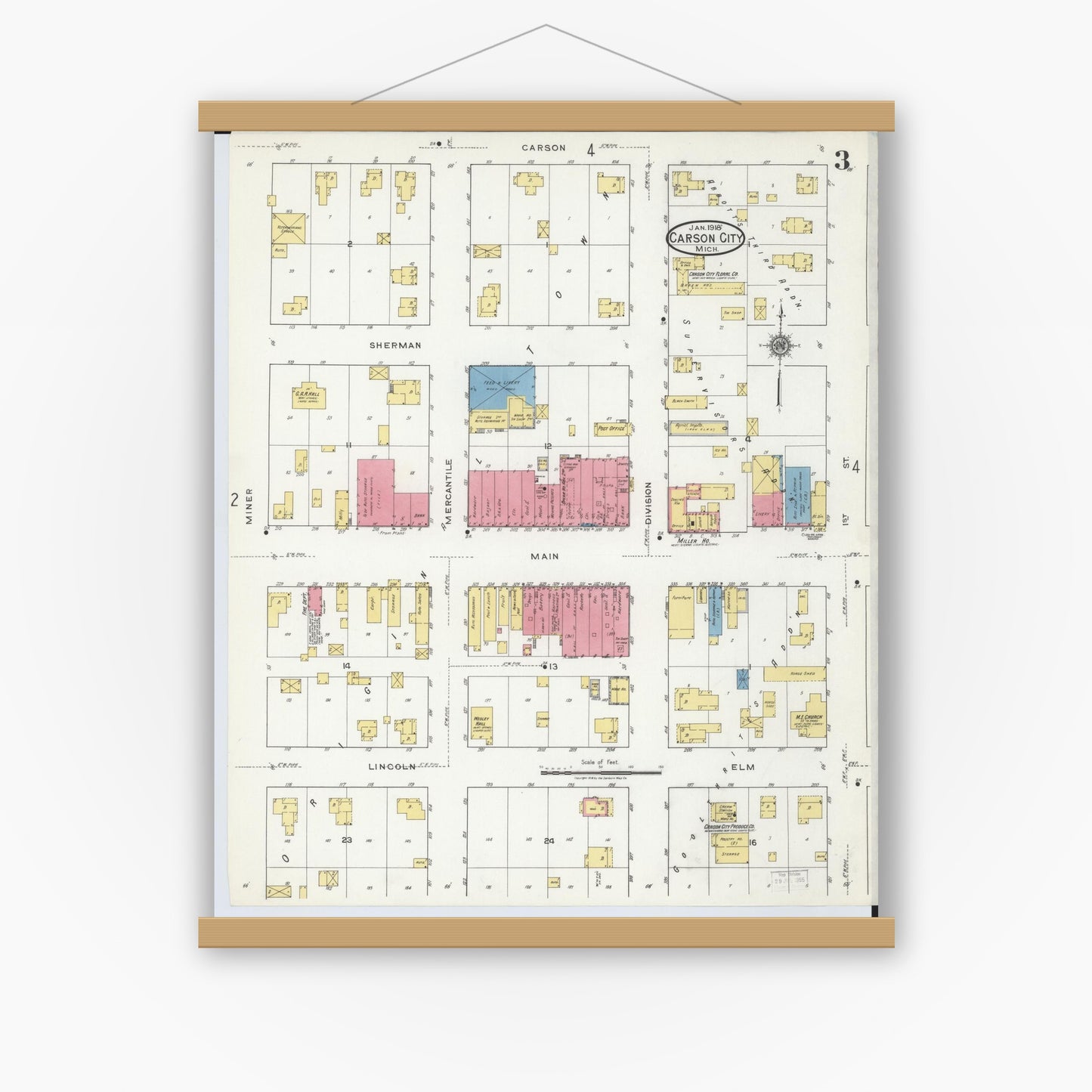 Old map wall art mockup — magnetic wood frame on white wall — Sanborn Fire Insurance Map from Carson City, Montcalm County, Michigan (1918), Sheet #0003