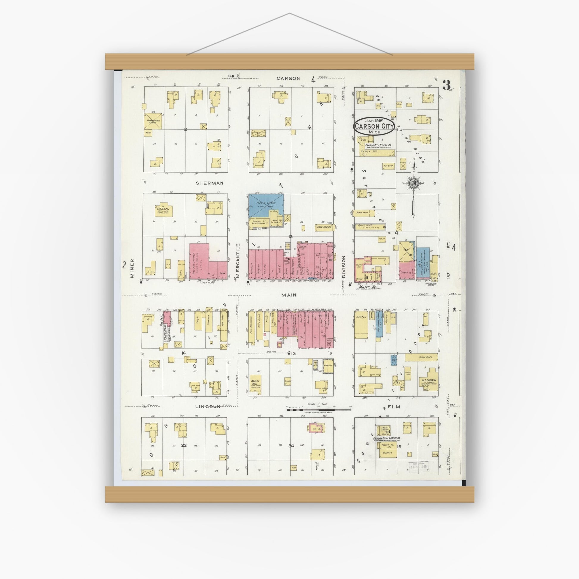Old map wall art mockup — magnetic wood frame on white wall — Sanborn Fire Insurance Map from Carson City, Montcalm County, Michigan (1918), Sheet #0003