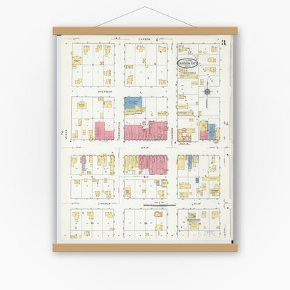 Old map wall art mockup — magnetic wood frame on white wall — Sanborn Fire Insurance Map from Carson City, Montcalm County, Michigan (1918), Sheet #0003