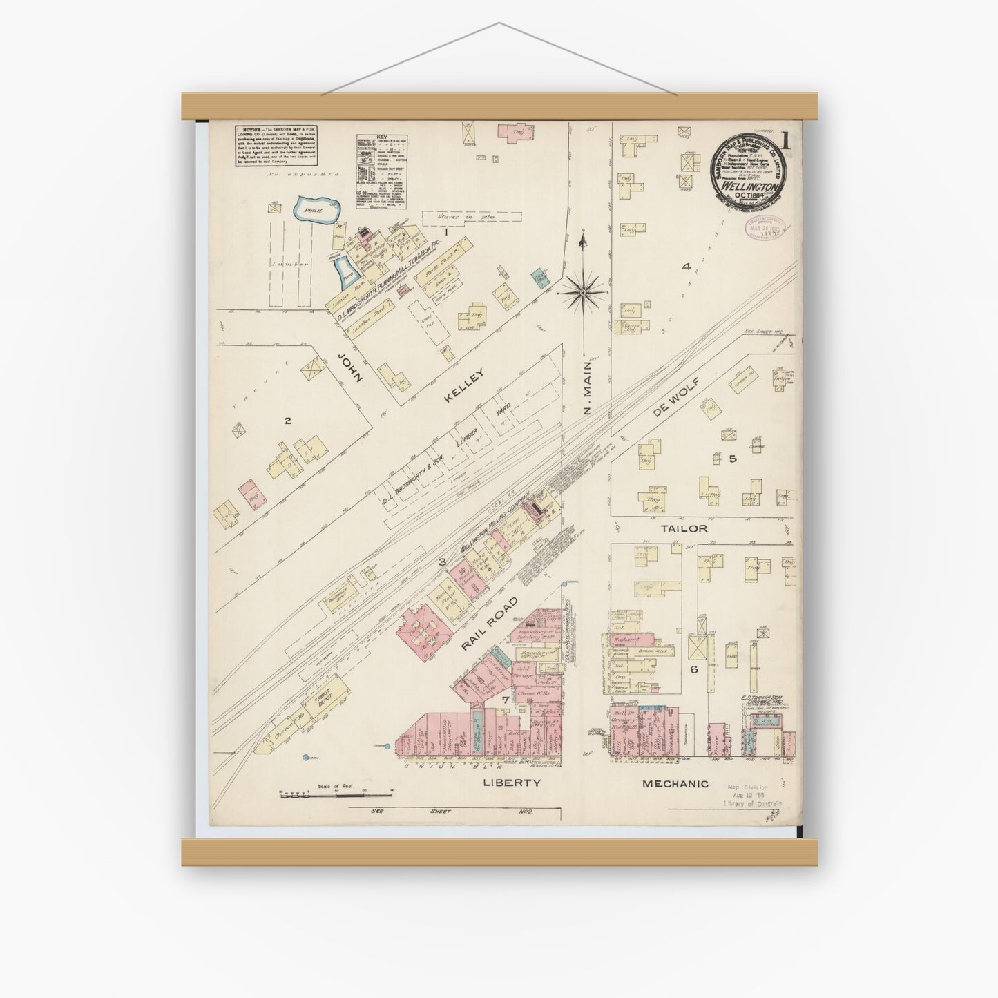 Old map wall art mockup — magnetic wood frame on white wall — Sanborn Fire Insurance Map from Wellington, Lorain County, Ohio (1884), Sheet #0001