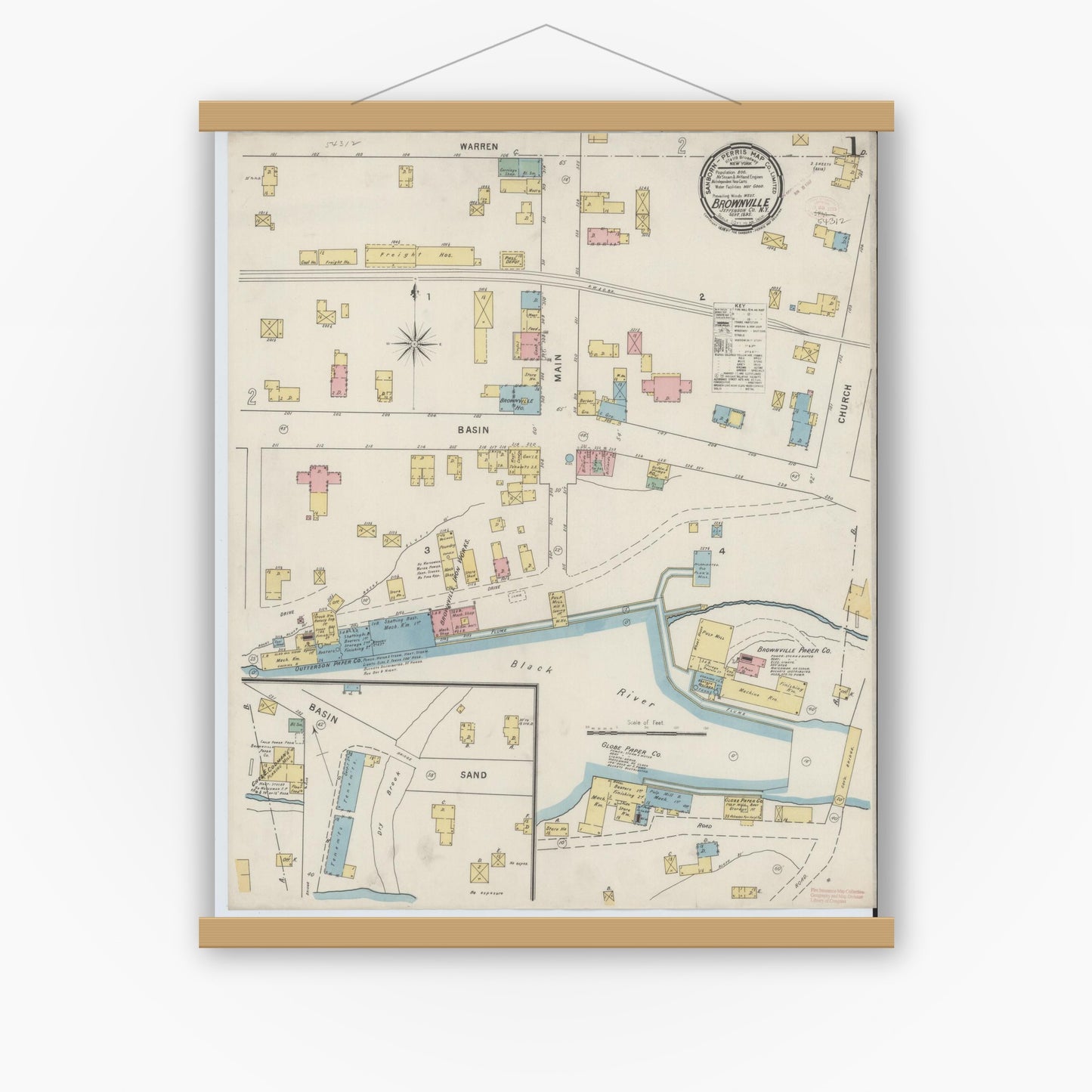 Old map wall art mockup — magnetic wood frame on white wall — Sanborn Fire Insurance Map from Brownville, Jefferson County, New York (1895) - Complete Map Set