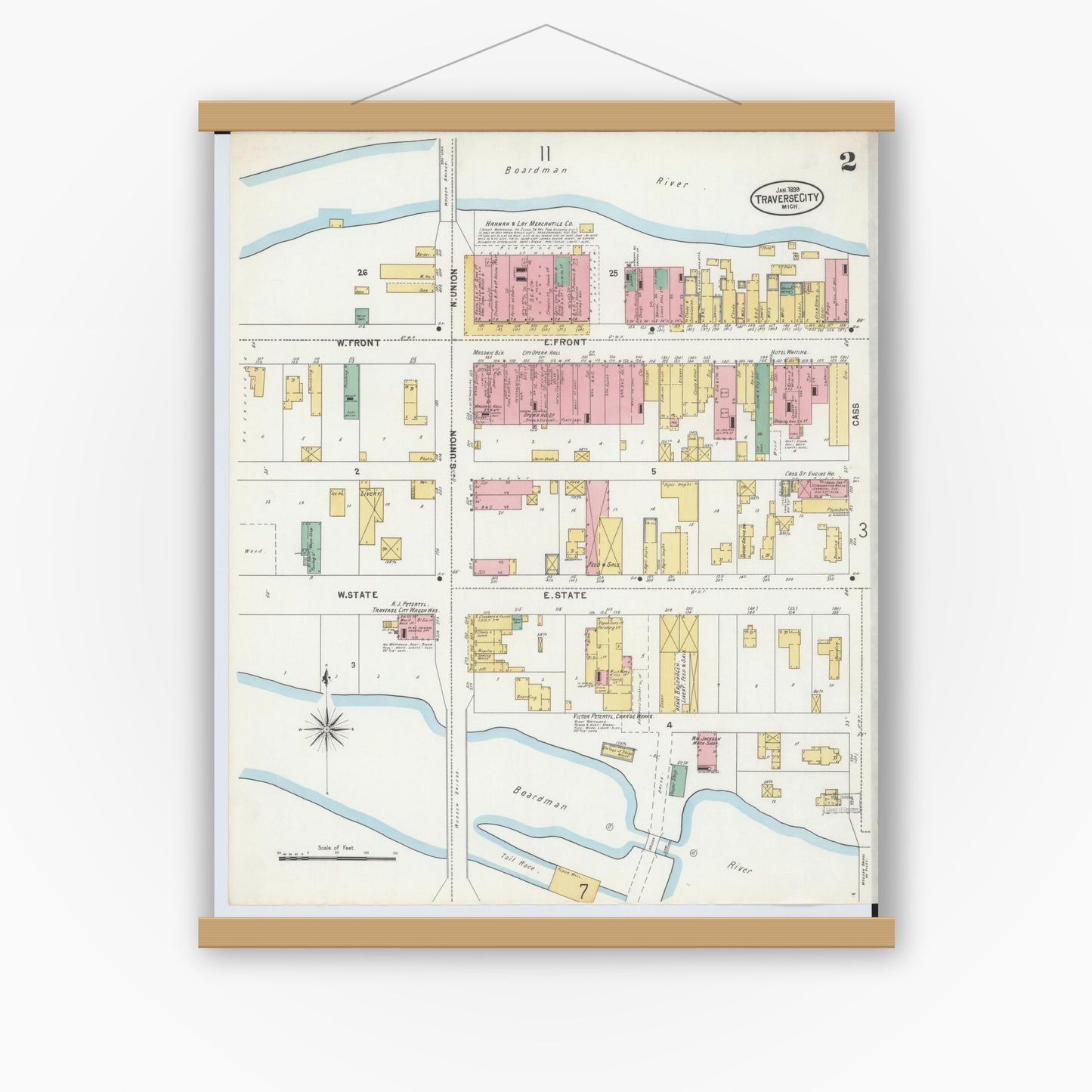 Old map wall art mockup — magnetic wood frame on white wall — Sanborn Fire Insurance Map from Traverse City, Grand Traverse County, Michigan (1899), Sheet #0002
