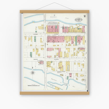 Old map wall art mockup — magnetic wood frame on white wall — Sanborn Fire Insurance Map from Traverse City, Grand Traverse County, Michigan (1899), Sheet #0002