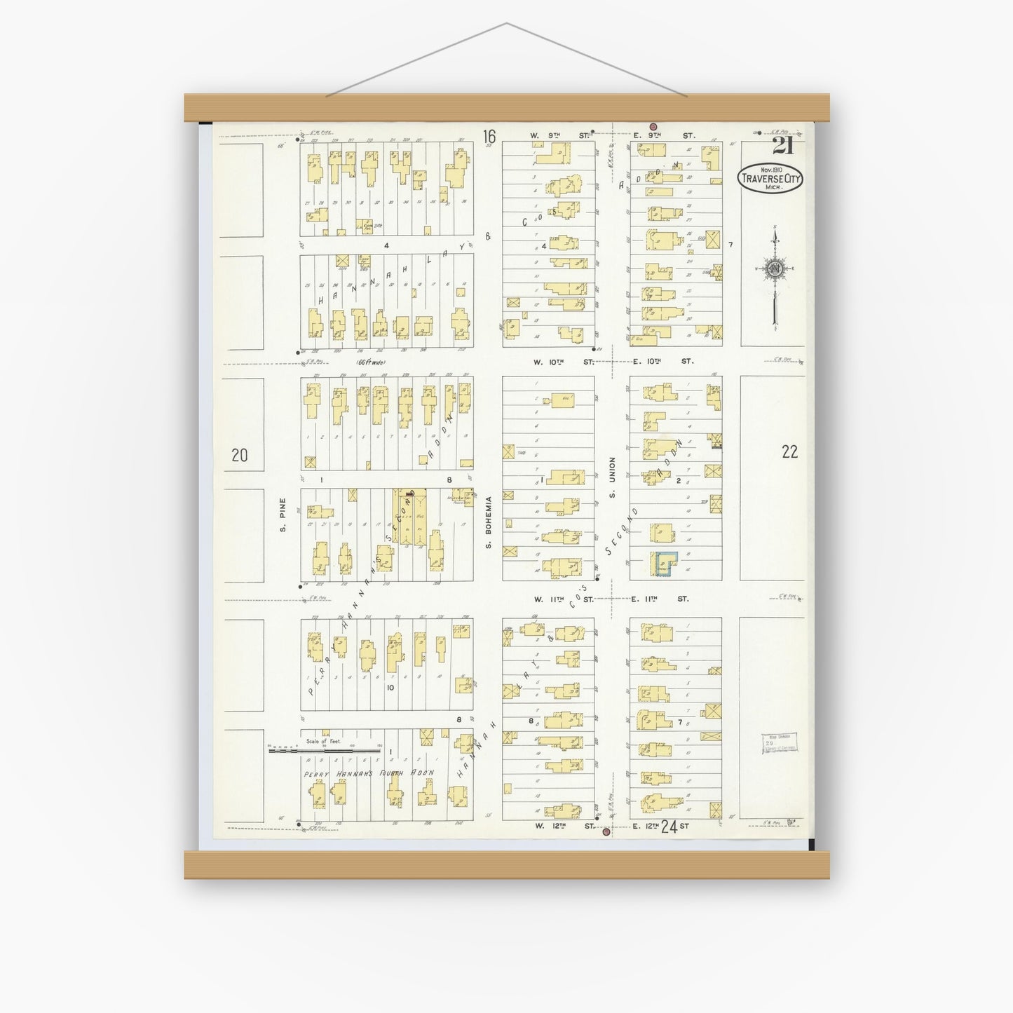 Old map wall art mockup — magnetic wood frame on white wall — Sanborn Fire Insurance Map from Traverse City, Grand Traverse County, Michigan (1910), Sheet #0021