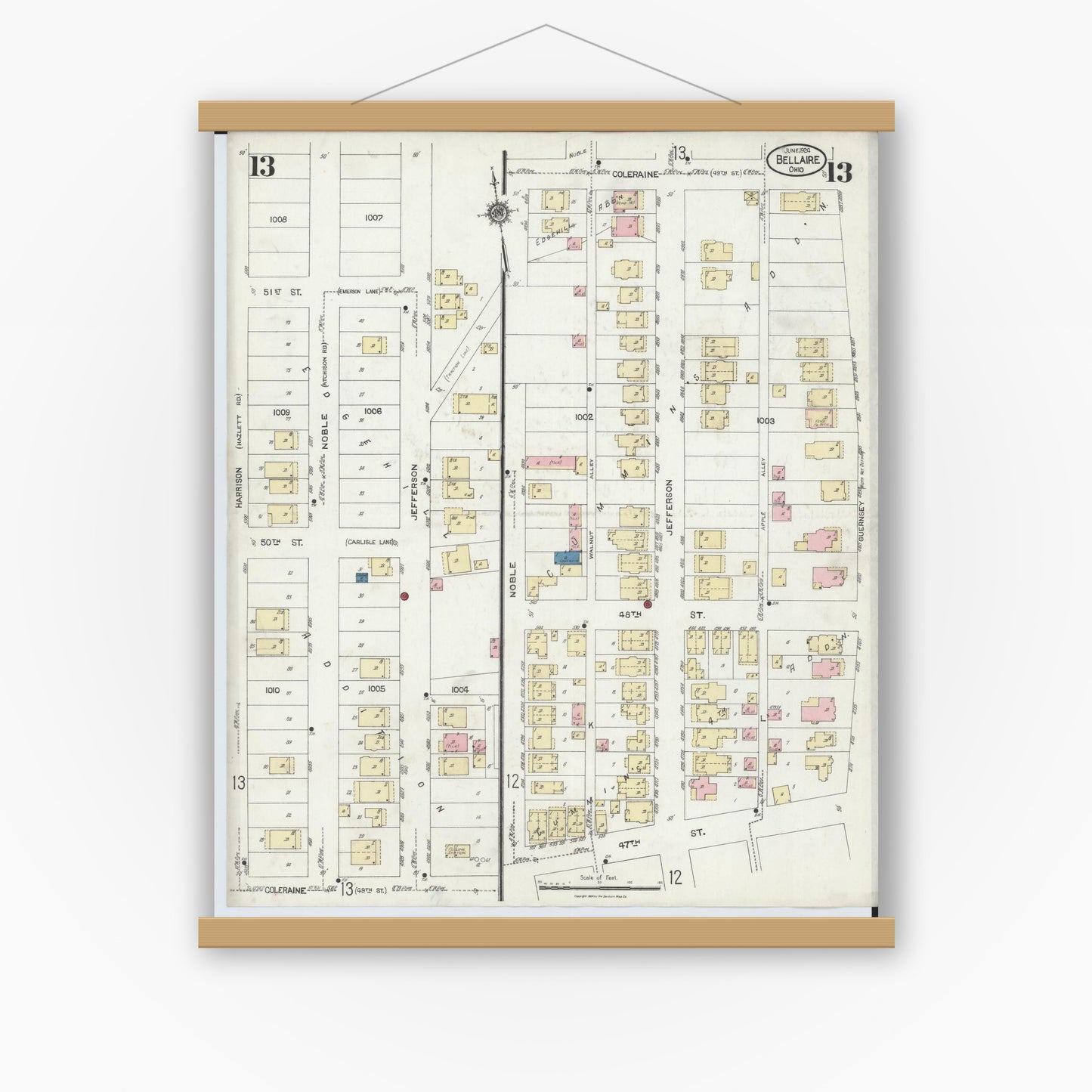 Old map wall art mockup — magnetic wood frame on white wall — Sanborn Fire Insurance Map from Bellaire, Belmont County, Ohio (1924), Sheet #0013